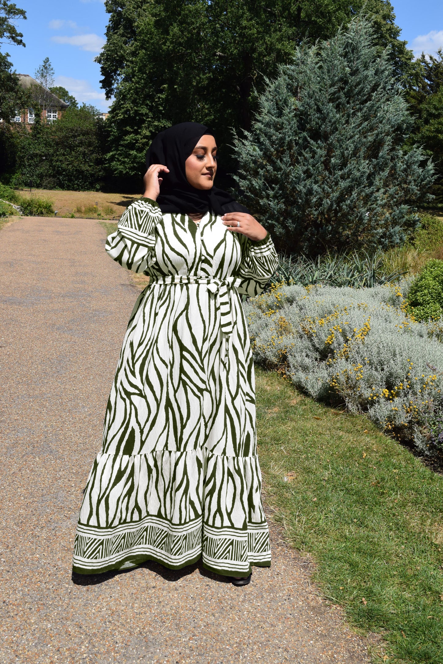Modest Maxi dress in a tiered Linen Sahara print in Khaki Green