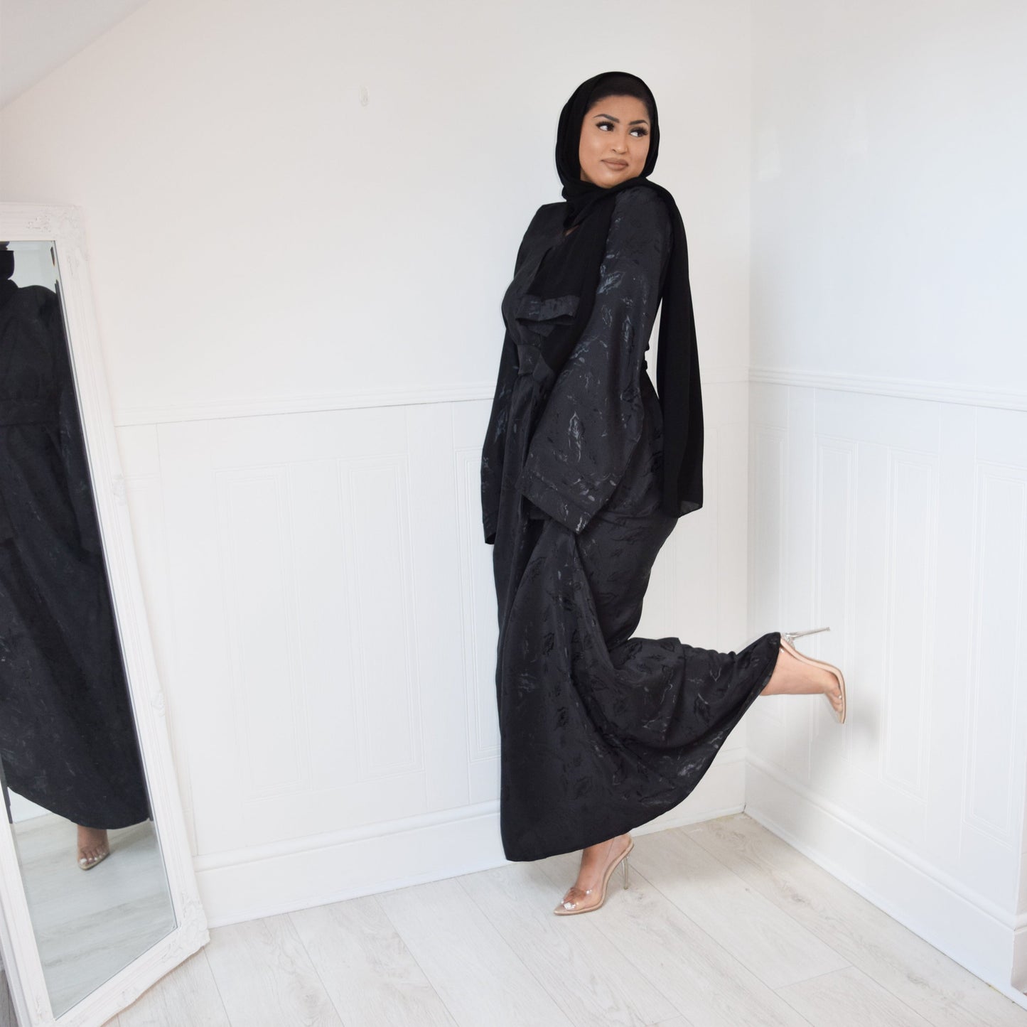 Amalia Black Jacquard Kimono Sleeve A-line Abaya