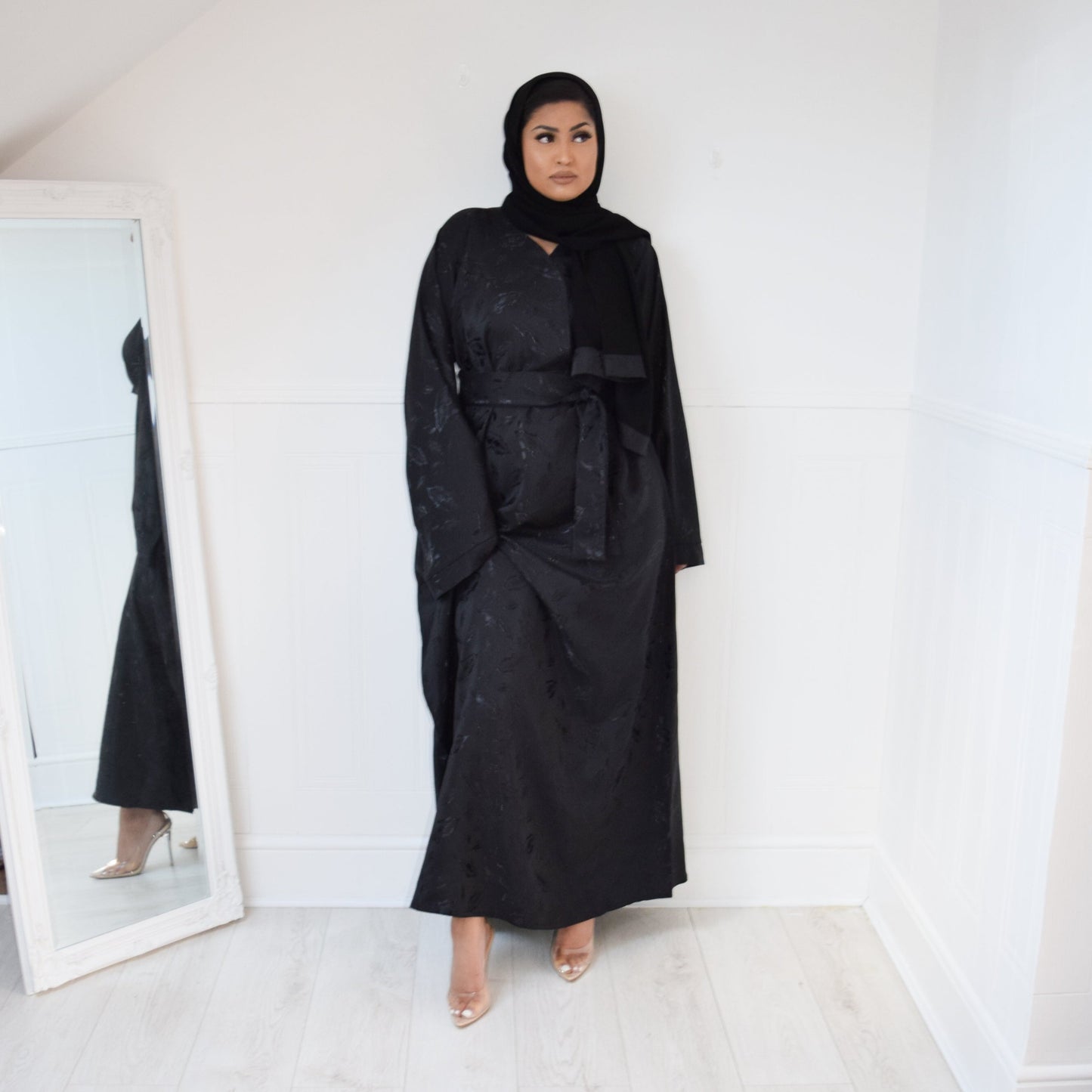 Amalia Black Jacquard Kimono Sleeve A-line Abaya