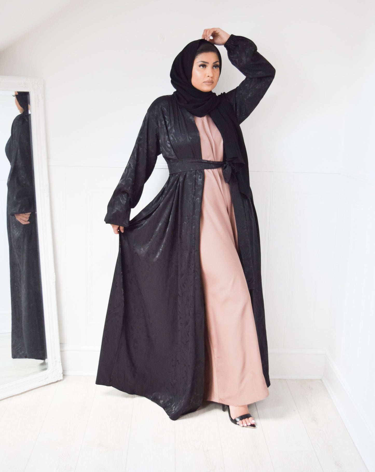 Black Jacquard Open Flare Abaya Jacket
