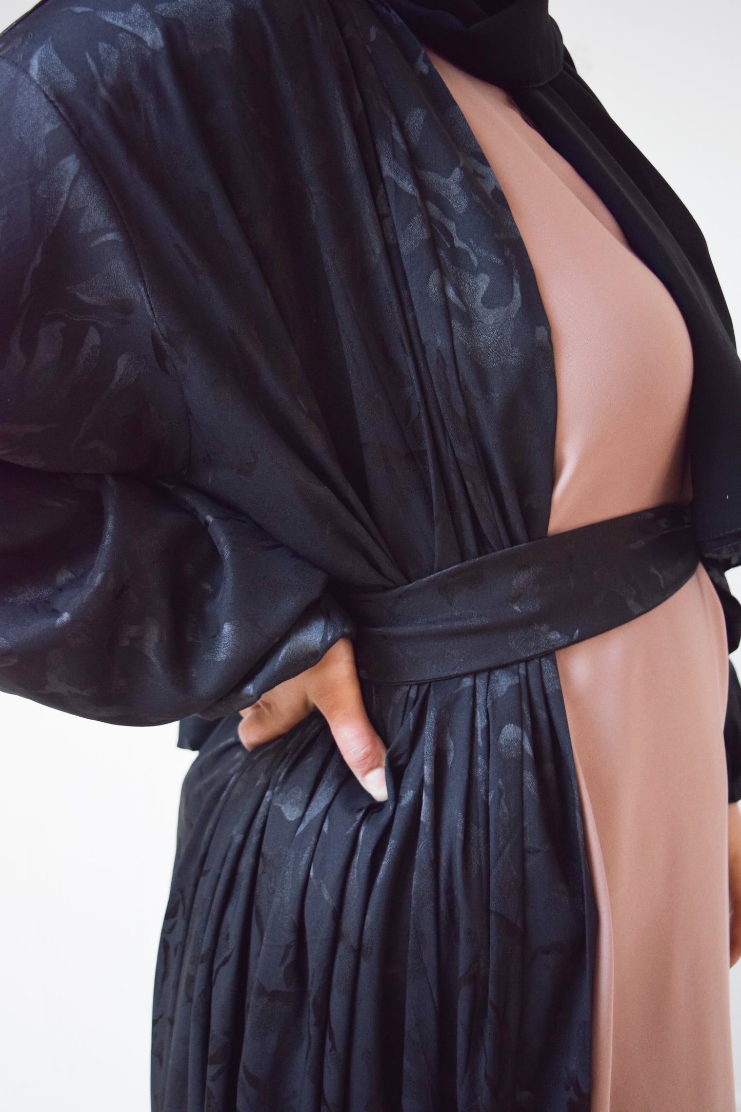 Black Jacquard Open Flare Abaya Jacket
