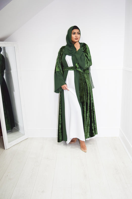 Roya Chiffon Velvet Open Flare Abaya Jacket in Dark Green