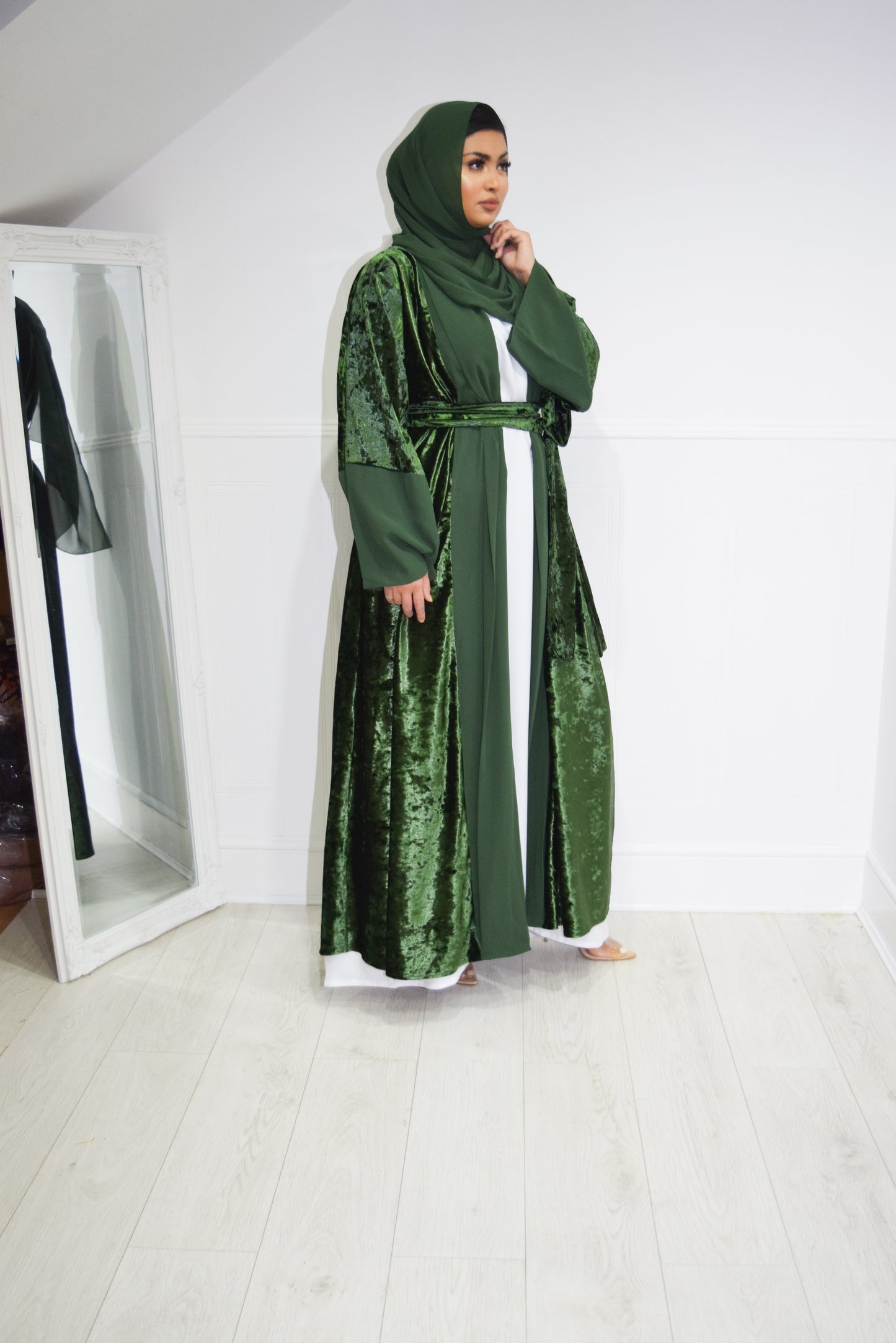 Roya Chiffon Velvet Open Flare Abaya Jacket in Dark Green
