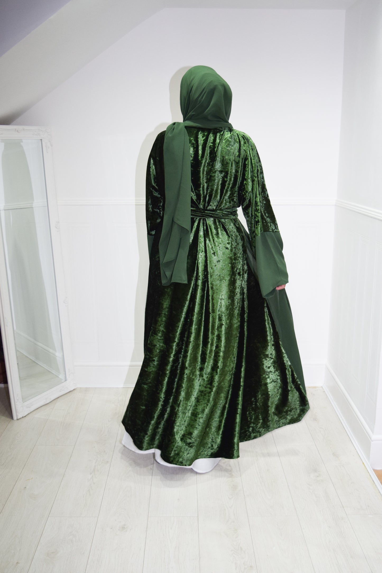 Roya Chiffon Velvet Open Flare Abaya Jacket in Dark Green