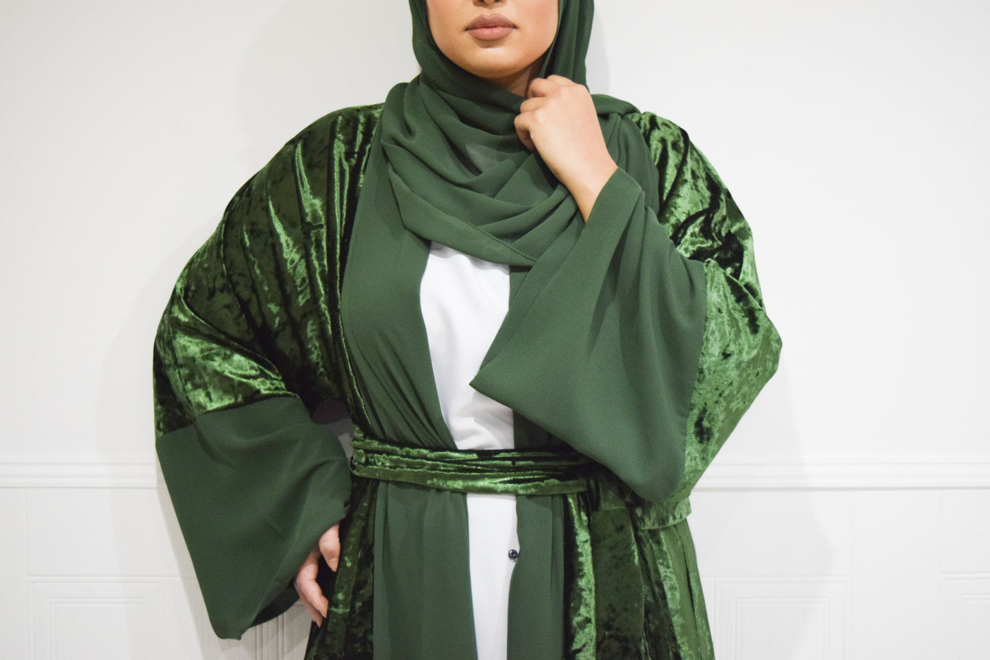 Roya Chiffon Velvet Open Flare Abaya Jacket in Dark Green