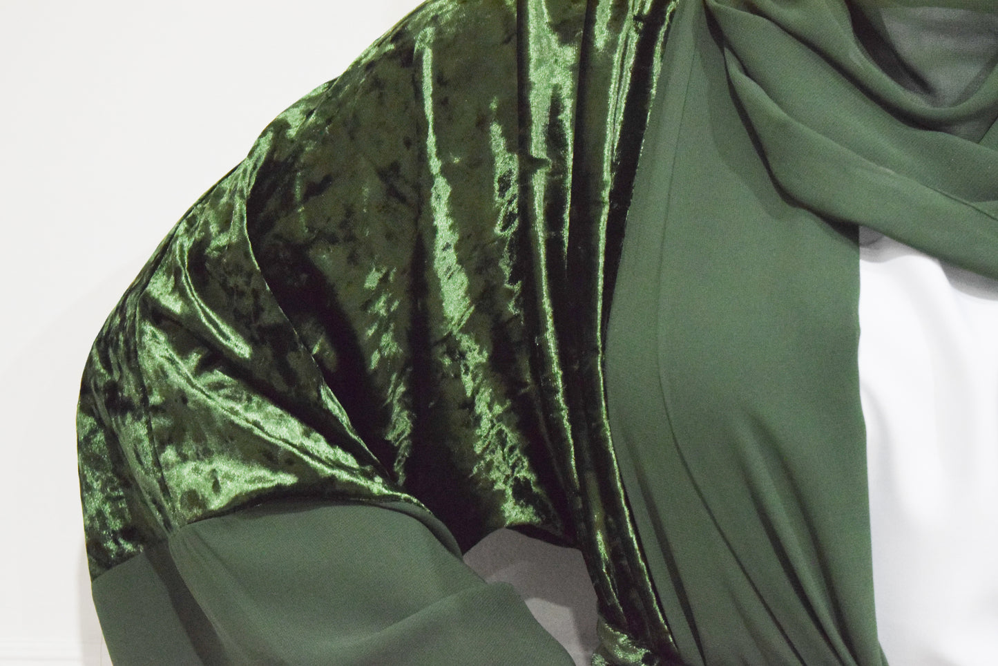 Roya Chiffon Velvet Open Flare Abaya Jacket in Dark Green