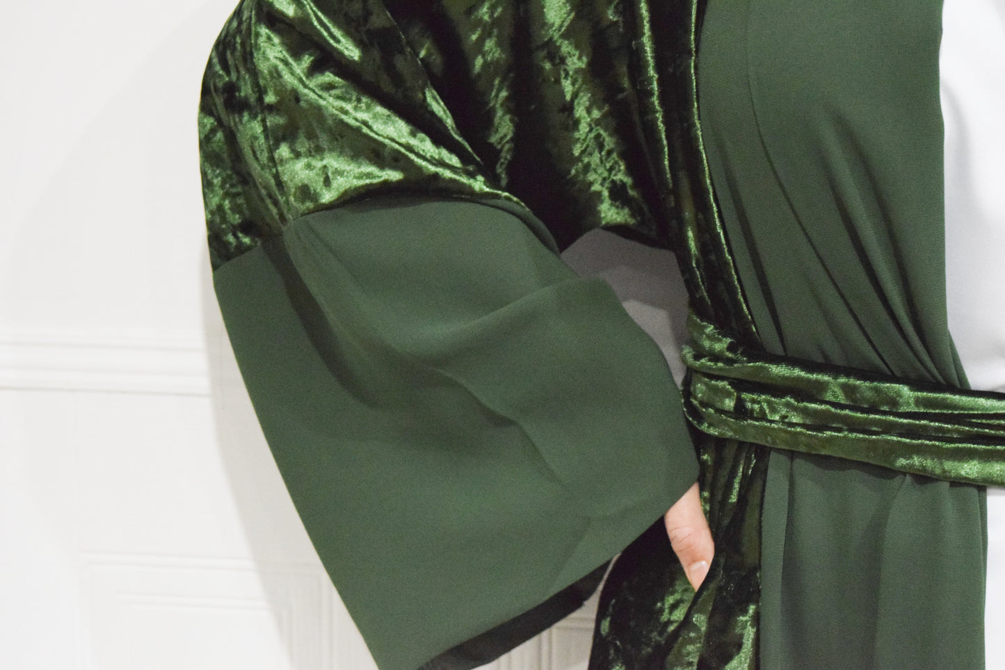 Roya Chiffon Velvet Open Flare Abaya Jacket in Dark Green