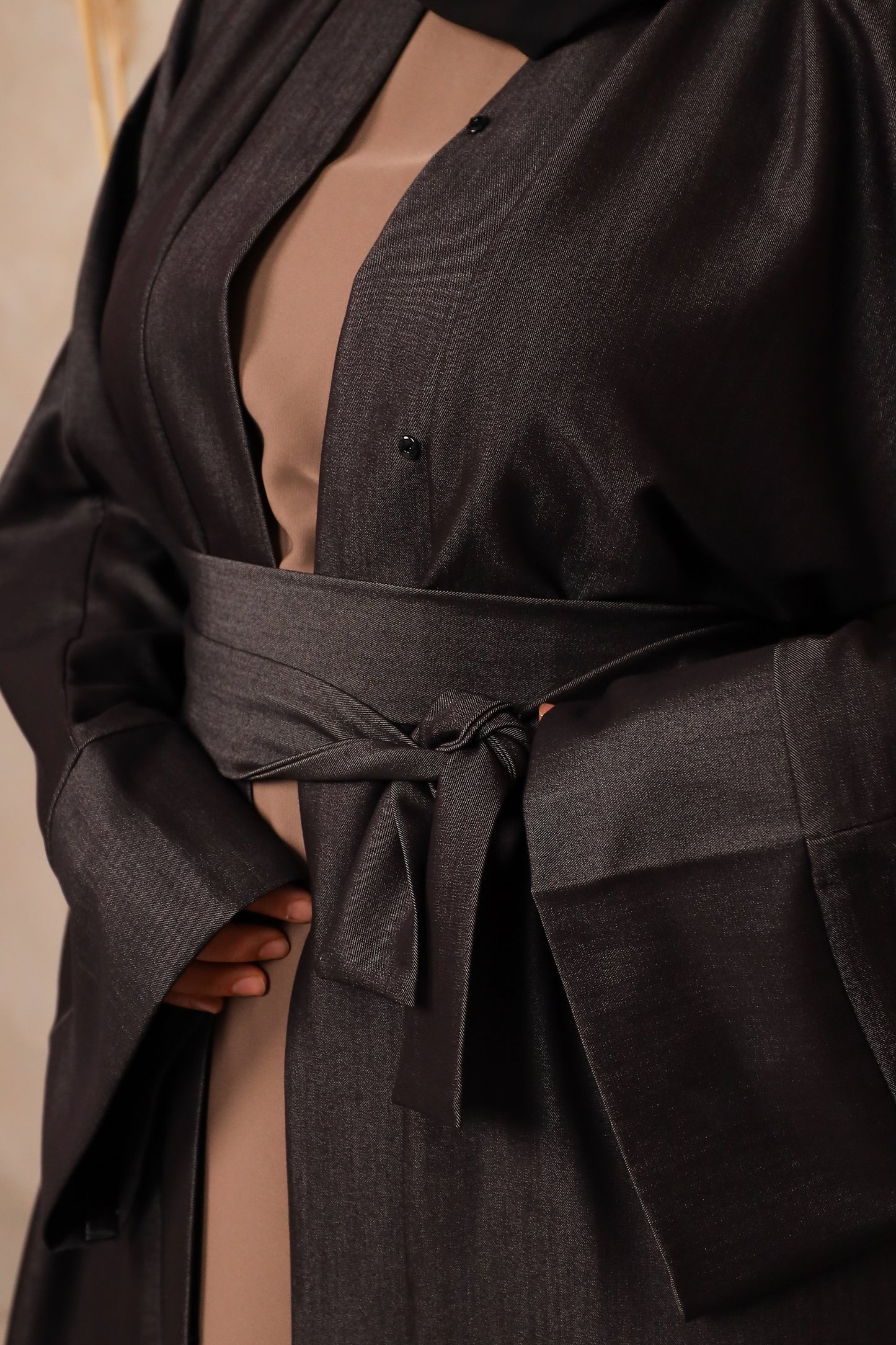 Denim Open Flare Abaya Jacket in Midnight Grey