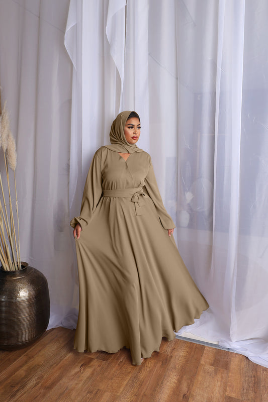 Amal wrap flare abaya Taupe in Fine Crinkle