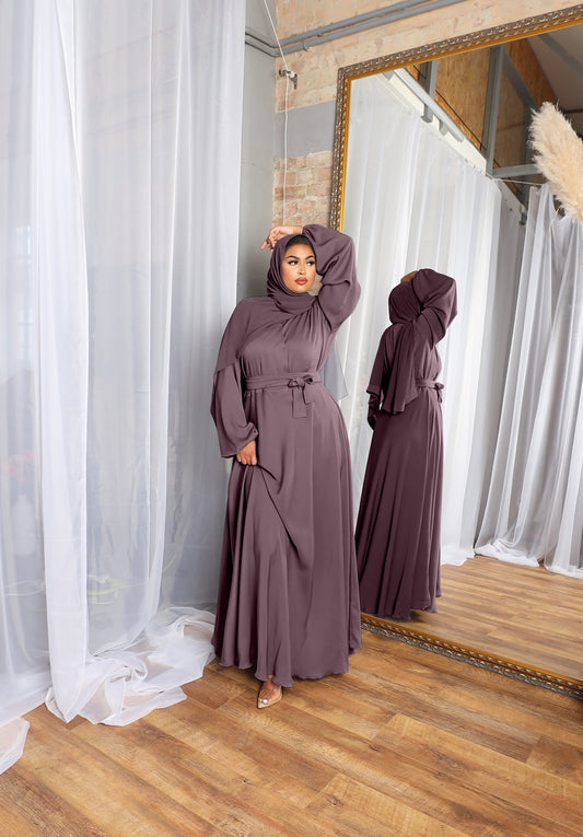 Amal wrap flare abaya Heather in Fine Crinkle