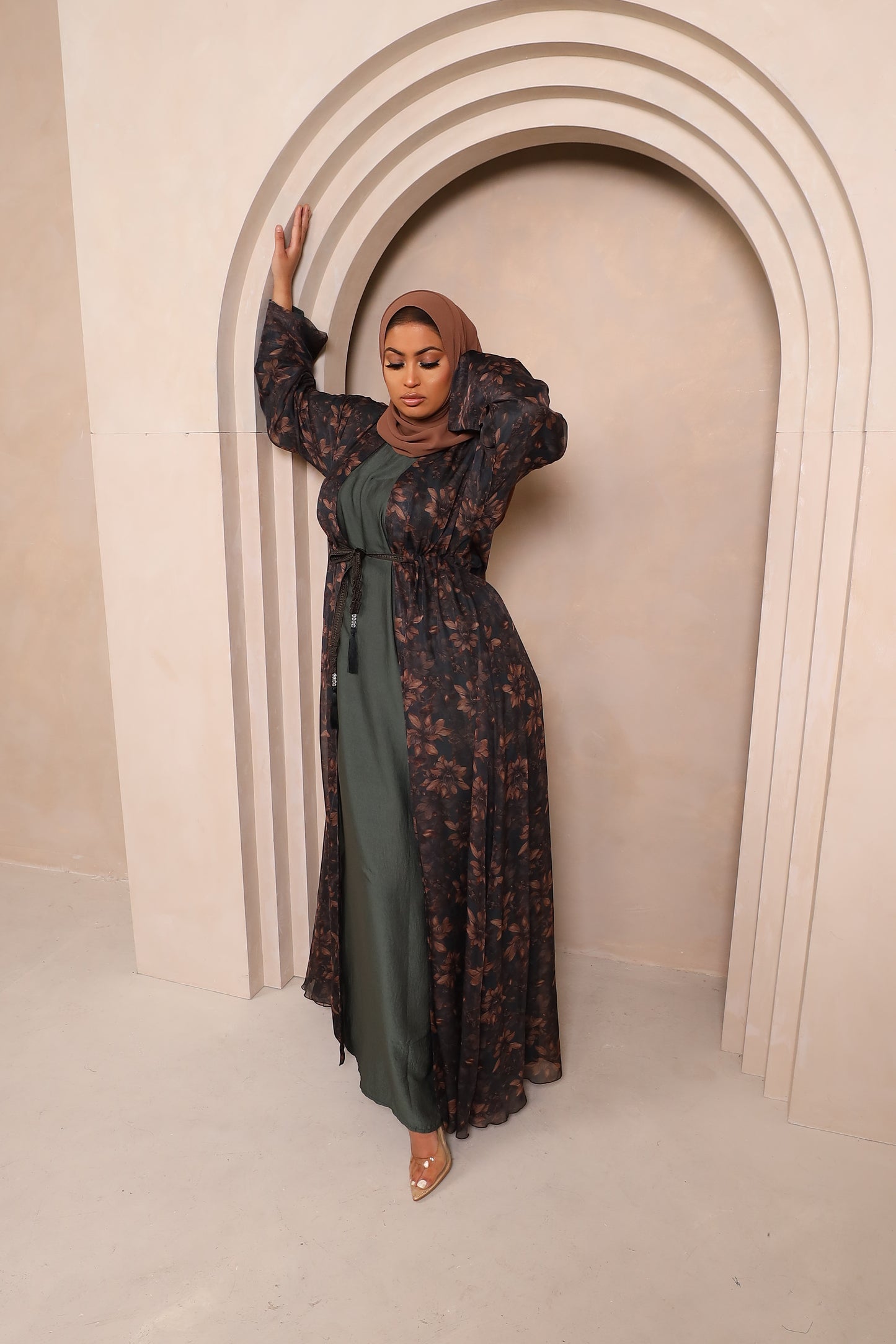 Reem Floral Chiffon Open Jacket Abaya with inner in Khaki Greens - 3 piece set