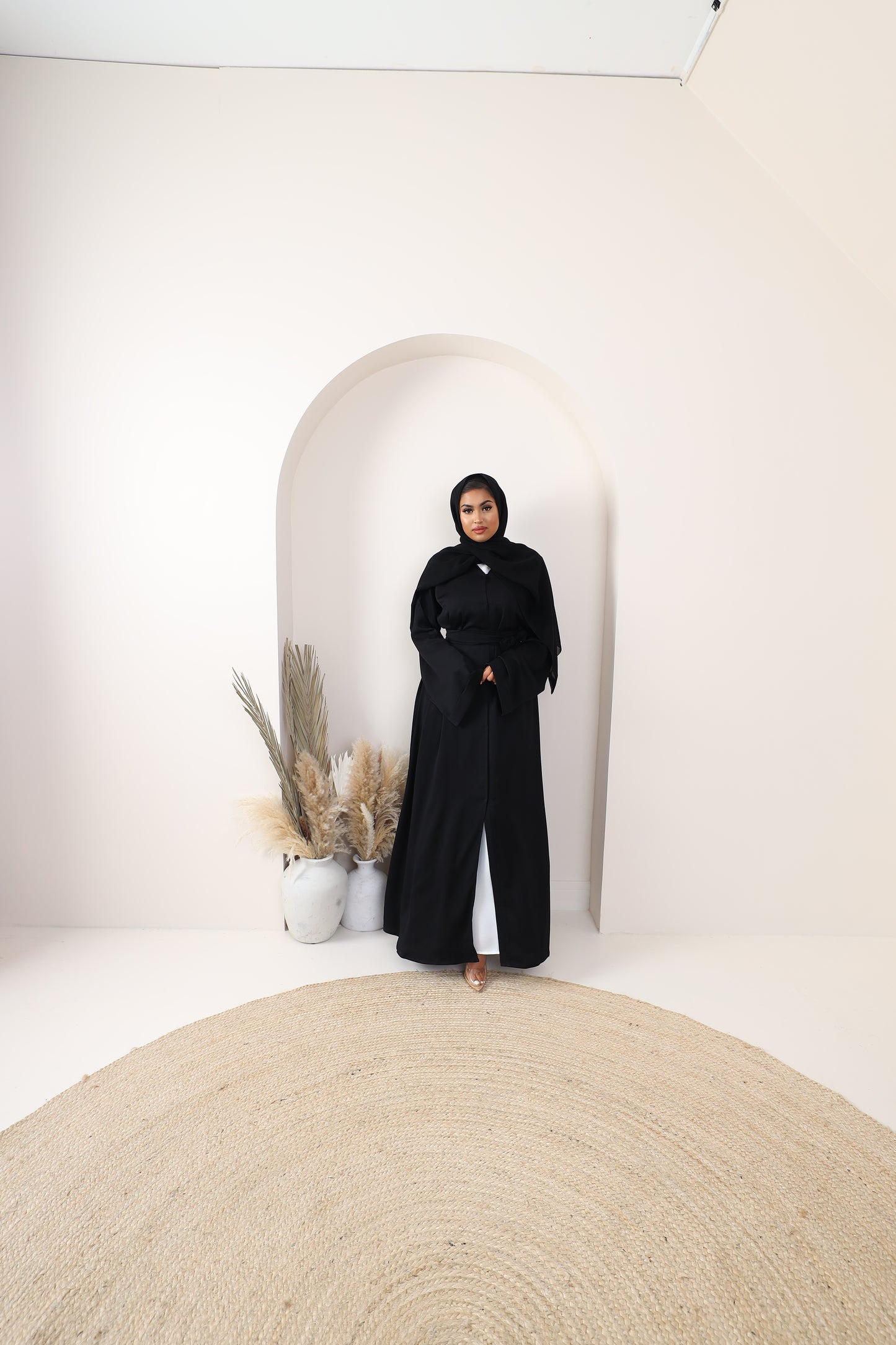 Black Open Kimono Abaya in Fine Crinkle Midnight Black