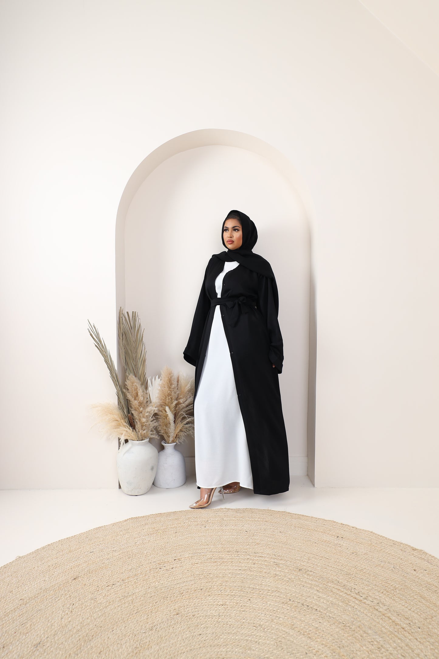 Black Open Kimono Abaya in Fine Crinkle Midnight Black