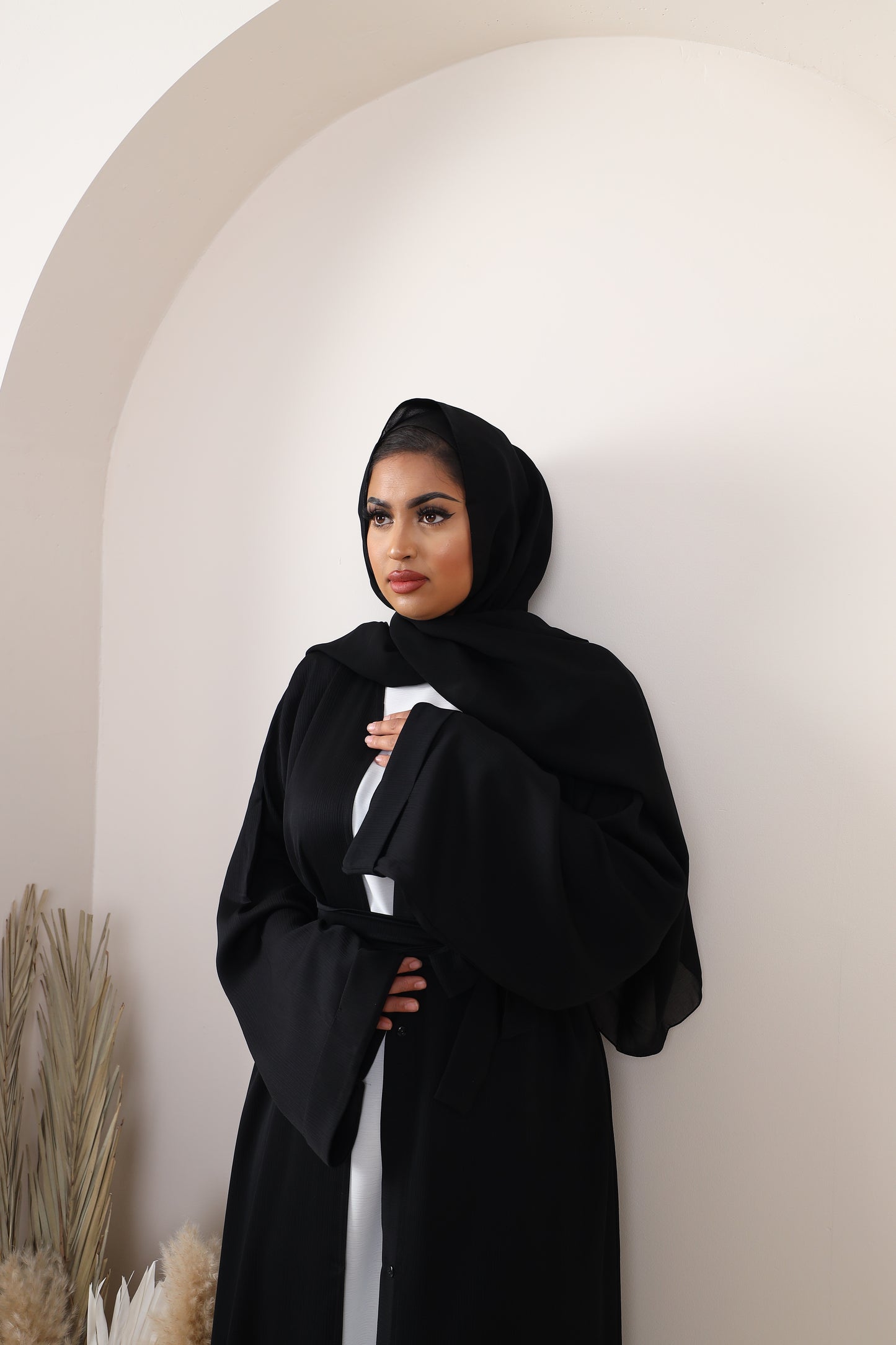 Black Open Kimono Abaya in Fine Crinkle Midnight Black