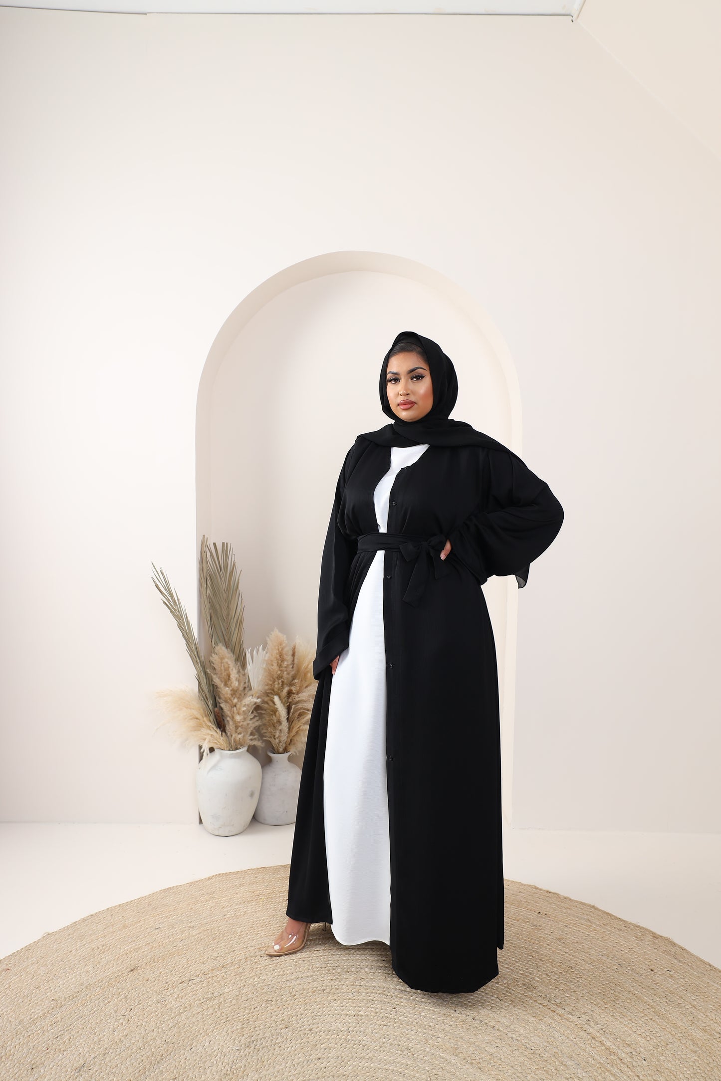 Black Open Kimono Abaya in Fine Crinkle Midnight Black
