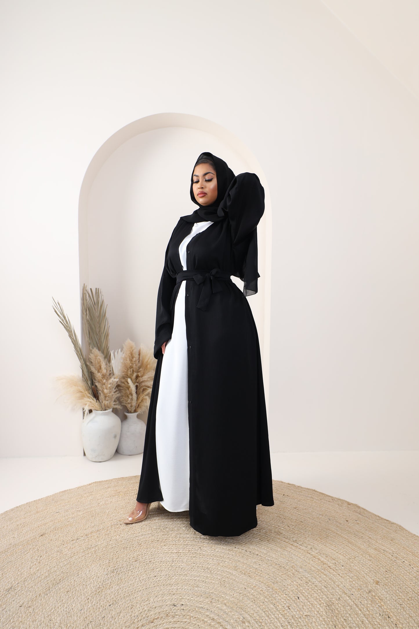 Black Open Kimono Abaya in Fine Crinkle Midnight Black