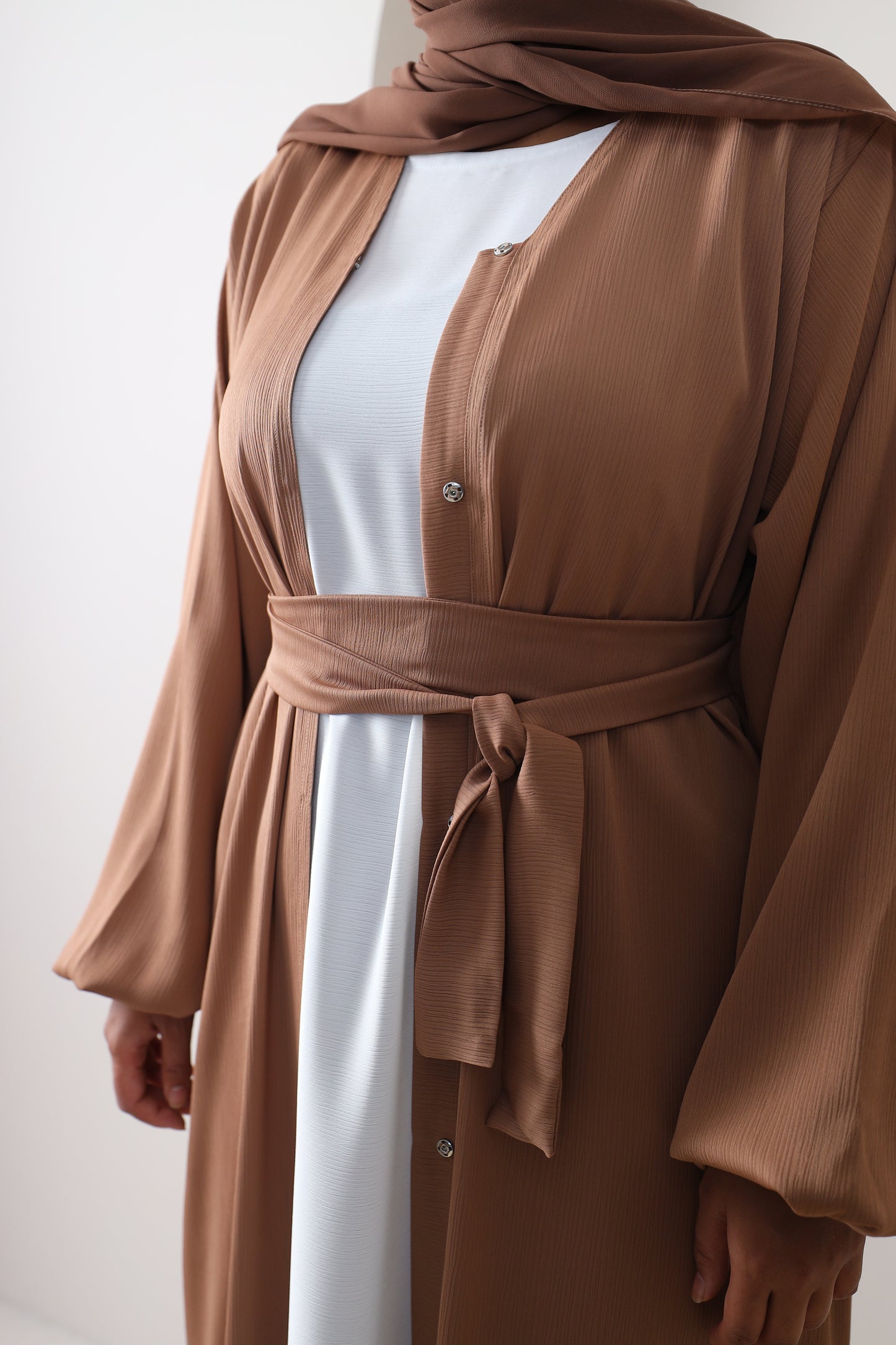 Open Kimono Abaya in Fine Crinkle Tan Brown
