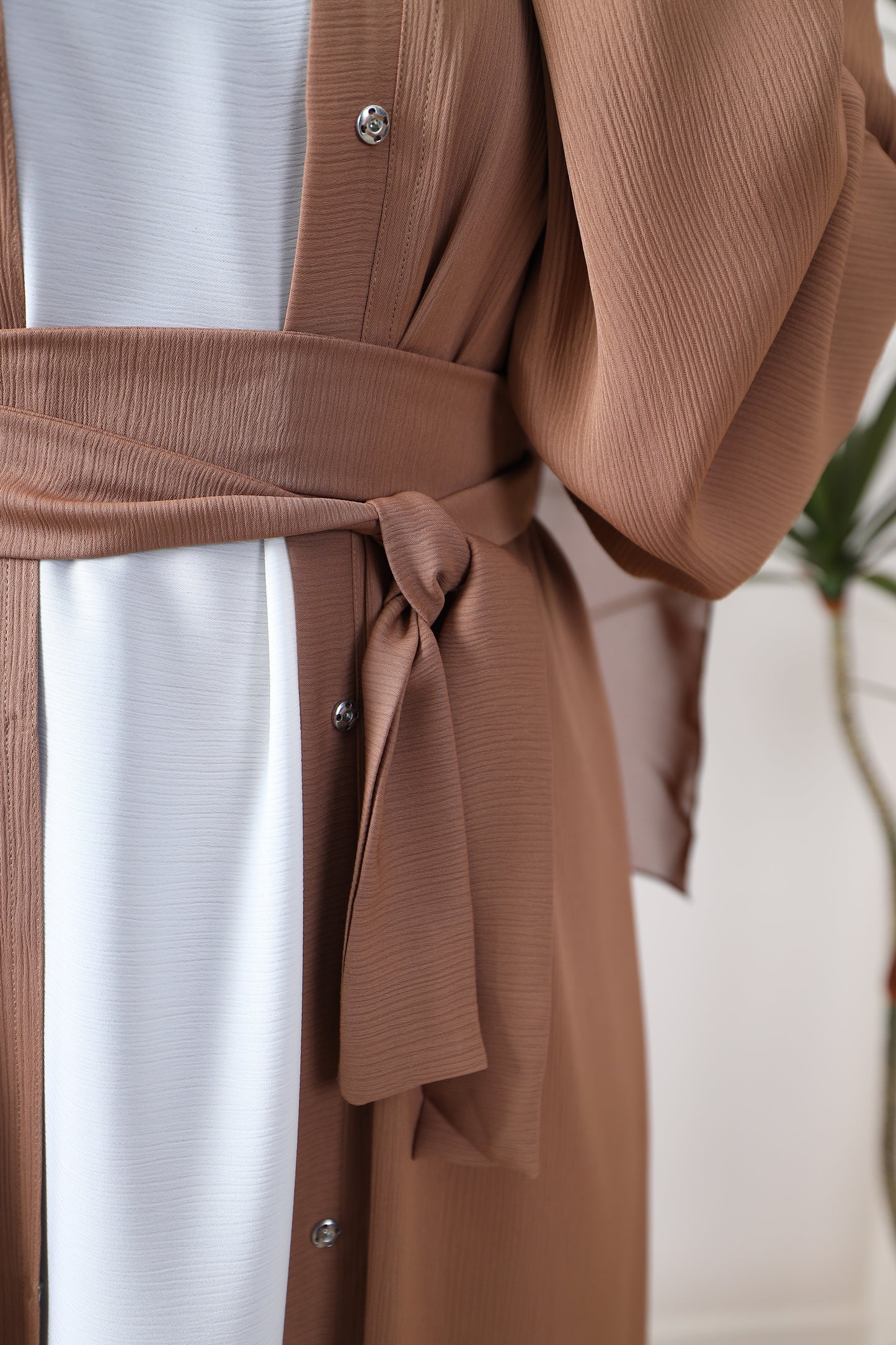 Open Kimono Abaya in Fine Crinkle Tan Brown