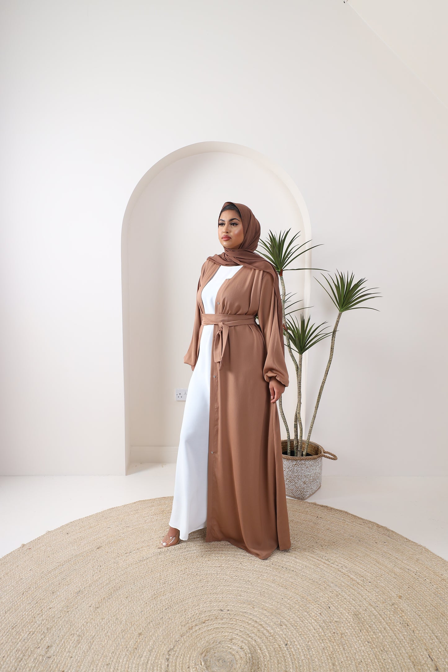 Open Kimono Abaya in Fine Crinkle Tan Brown