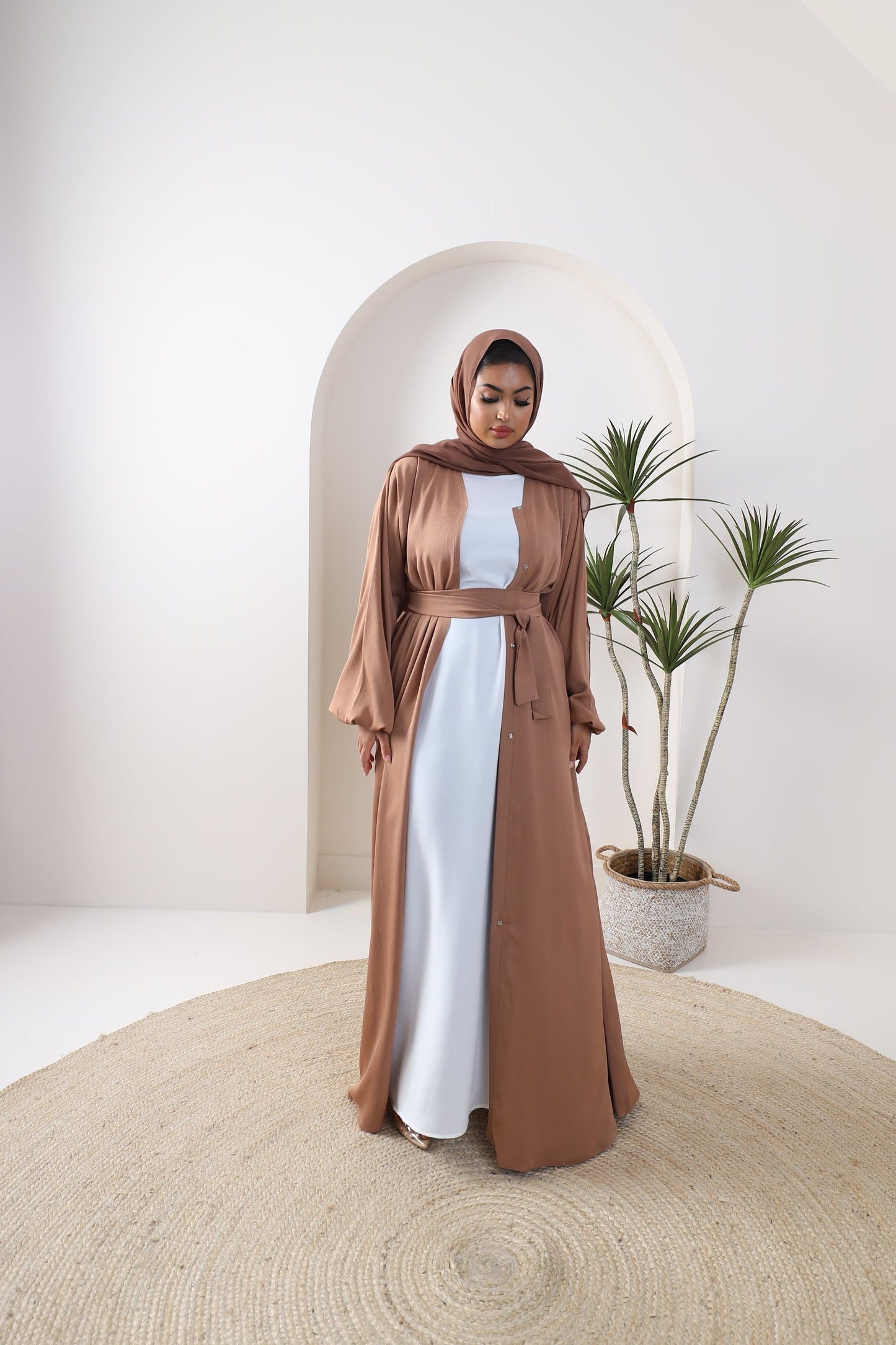 Open Kimono Abaya in Fine Crinkle Tan Brown