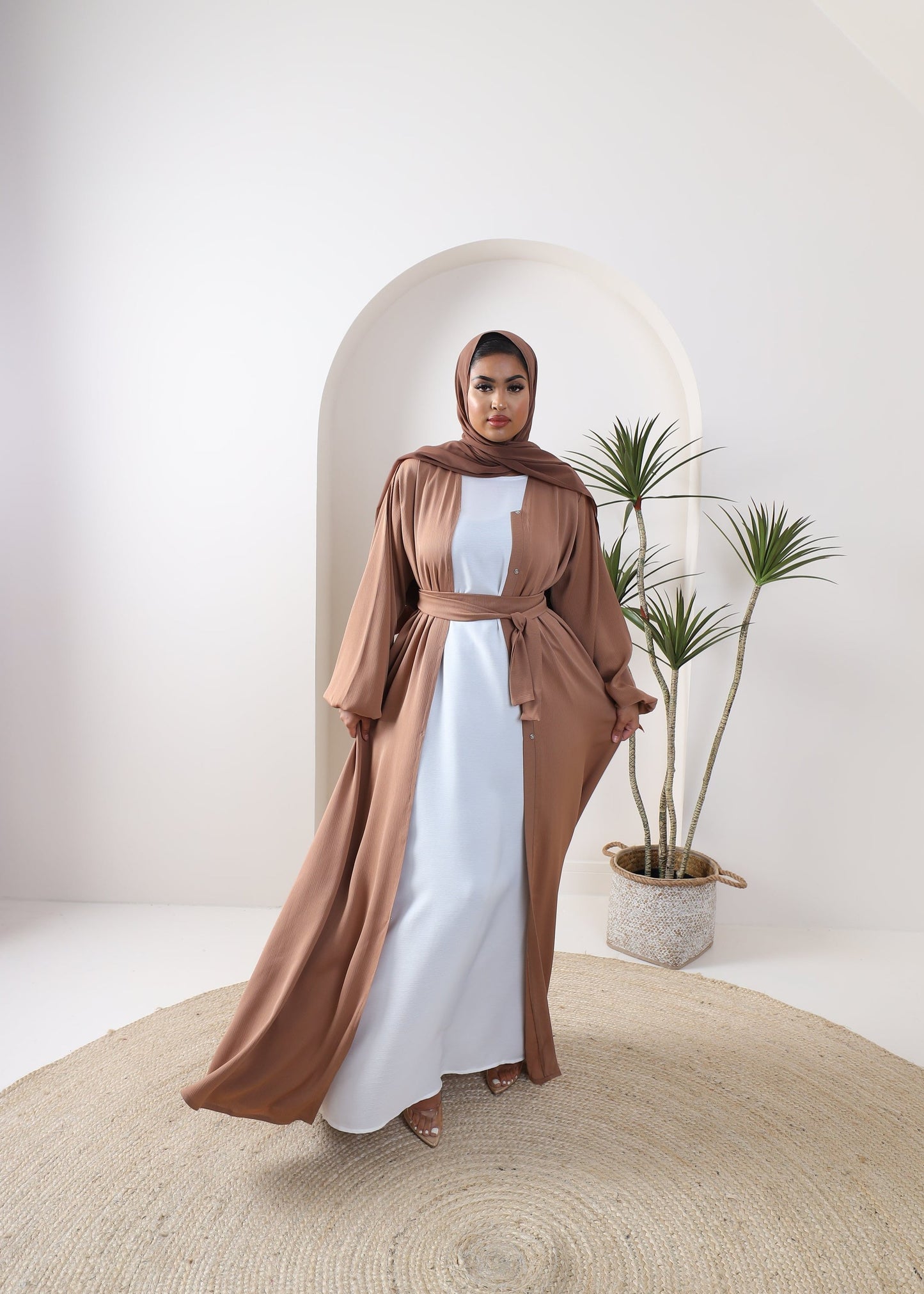 Open Kimono Abaya in Fine Crinkle Tan Brown