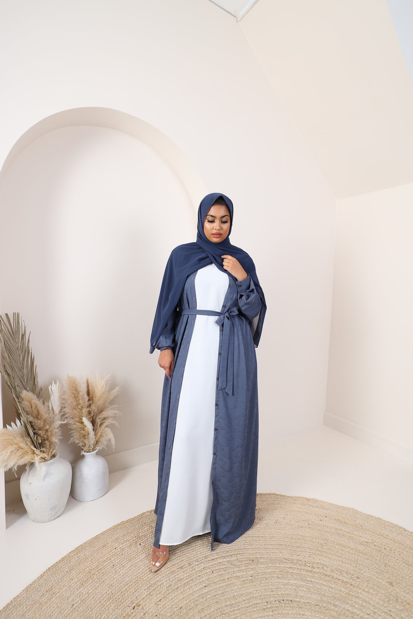 Steel Blue Grey Shirt Abaya in a textured leaf print