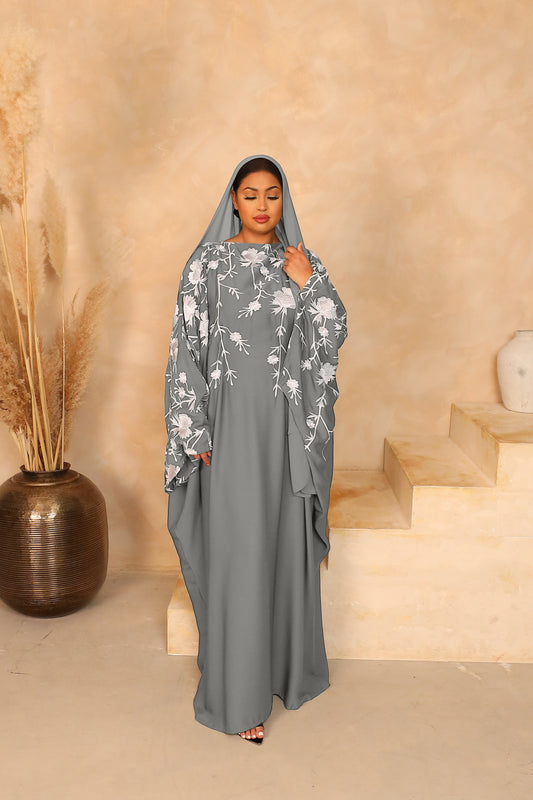 Aziza Farasha Embroidered Abaya in Dove Grey and White