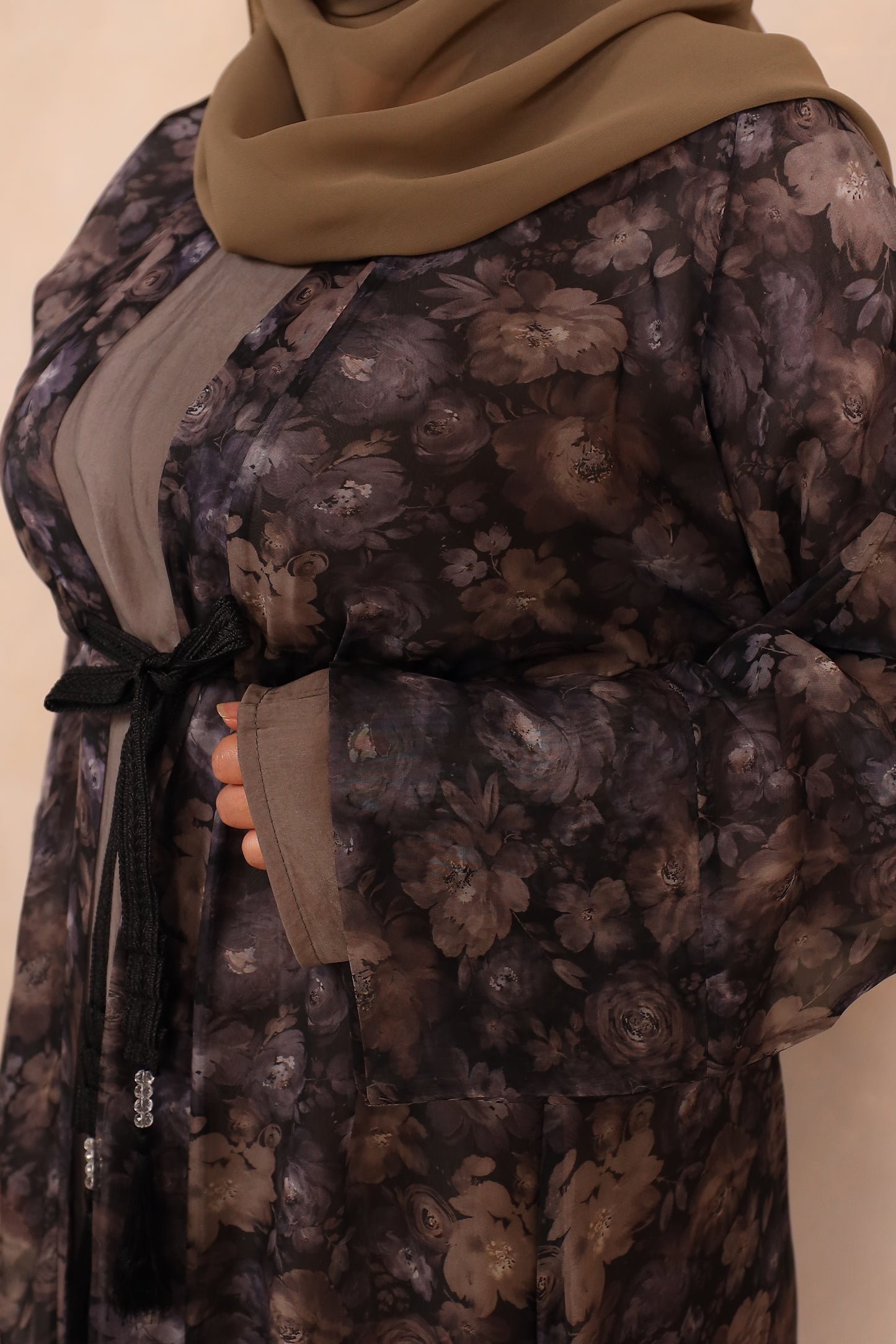 Reem Floral Chiffon Open Jacket Abaya with inner in Khaki Grey - 3 piece set