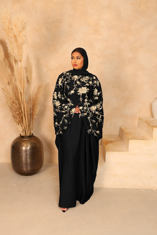 Aziza Farasha Embroidered Abaya in Black and Beige
