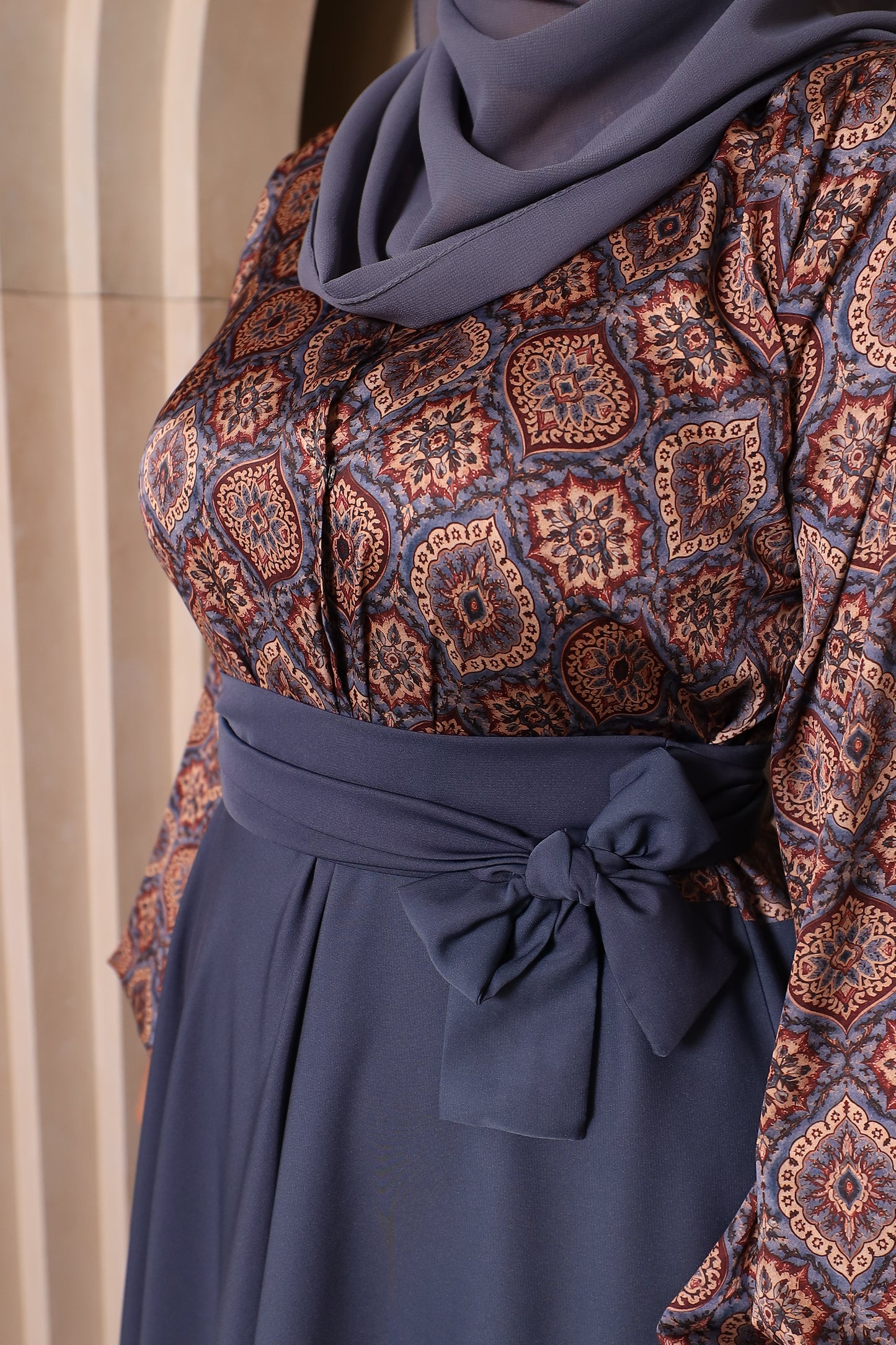 Amal flared Abaya in an Indian Printed Blouse & Grey Nida Skirt