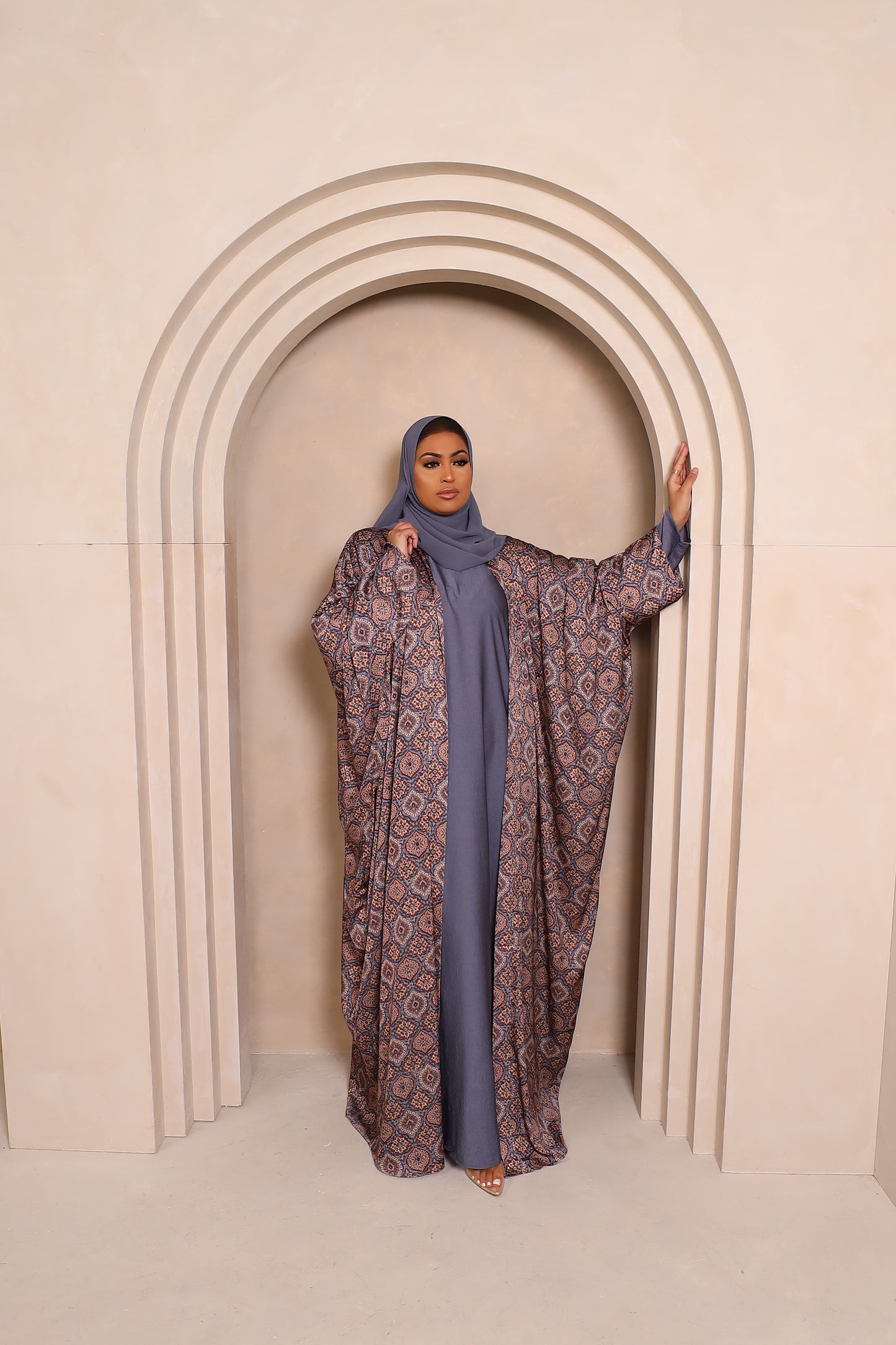 Zahra Indian Grey Farasha Open Jacket Abaya with Blue Grey Inner - 4 piece set