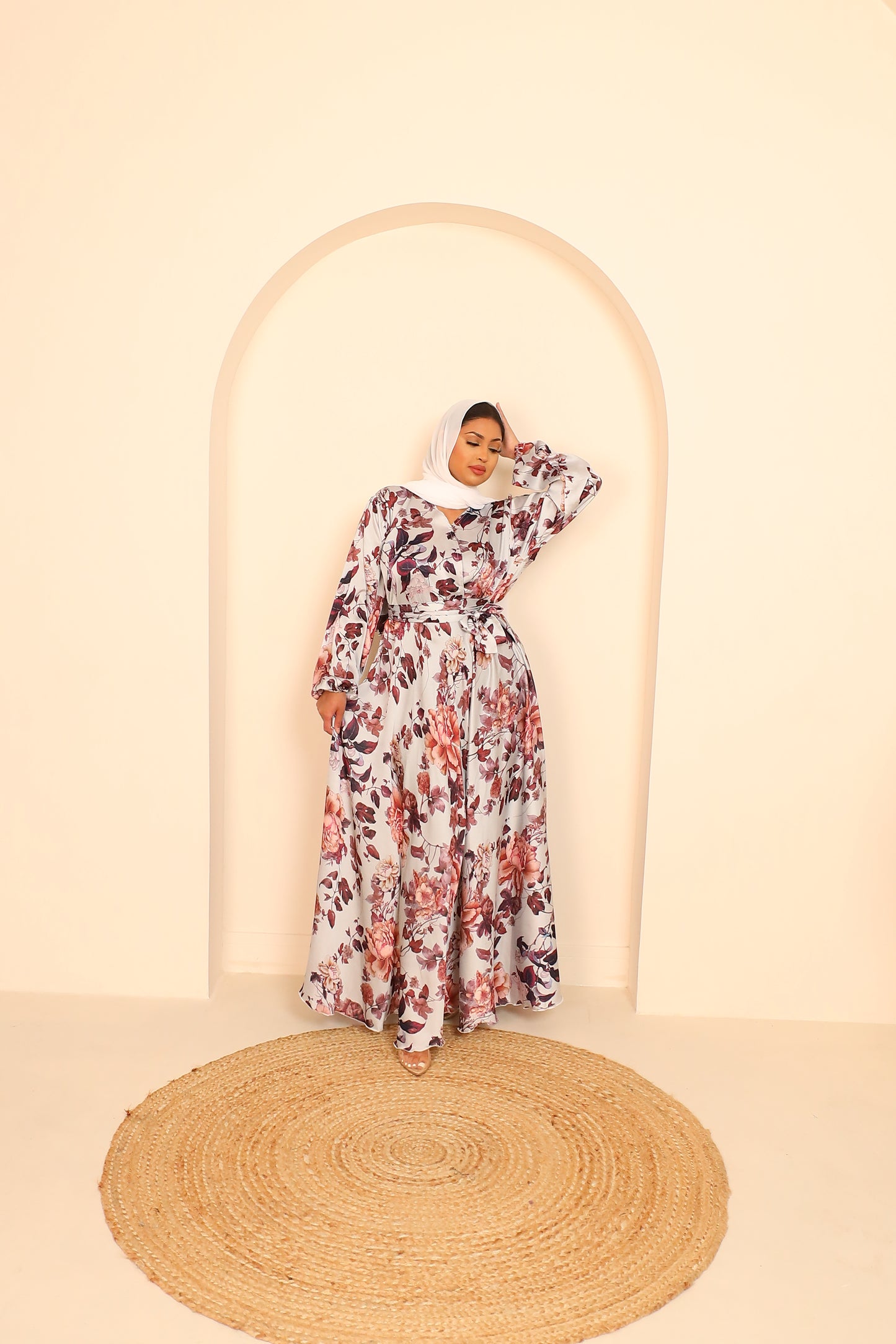 Amal Abaya Satin floral in pale Off White Grey and Plums
