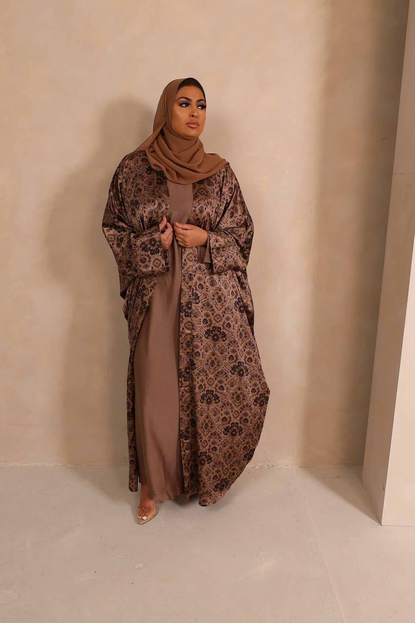 Zahra Persian floral Farasha Open Jacket Abaya with Taupe Inner - 4 piece set