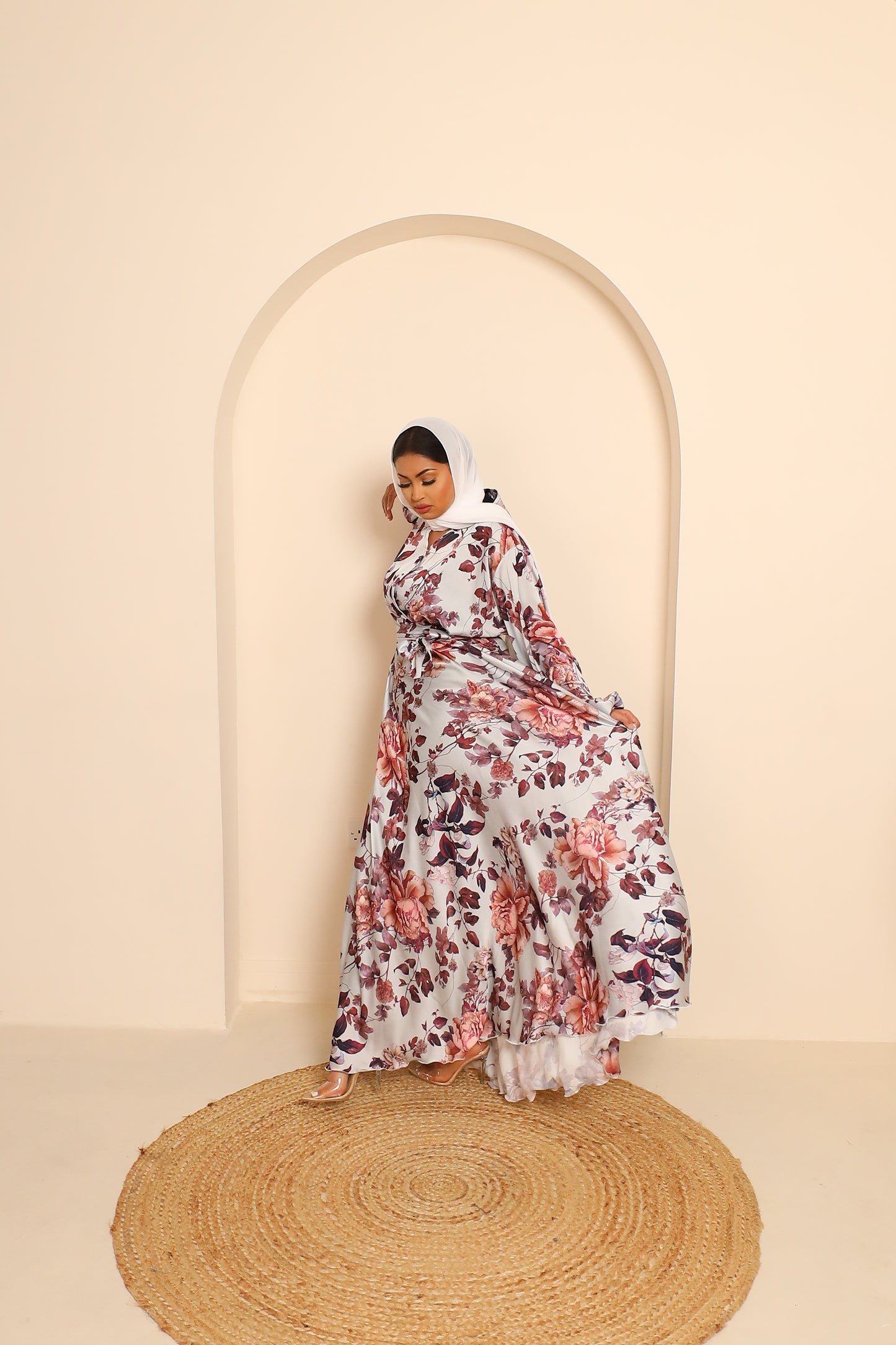 Amal Abaya Satin floral in pale Off White Grey and Plums