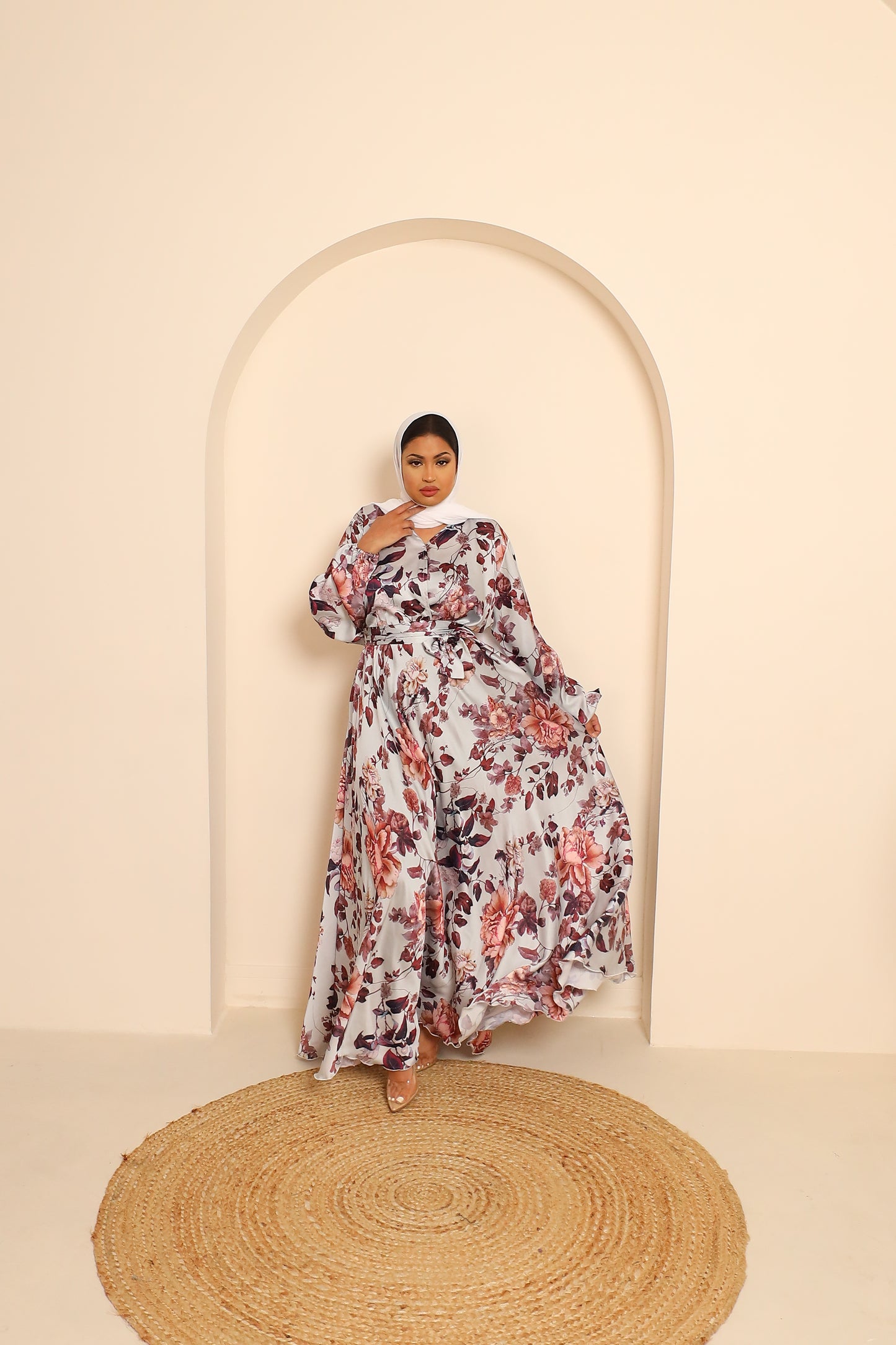 Amal Abaya Satin floral in pale Off White Grey and Plums