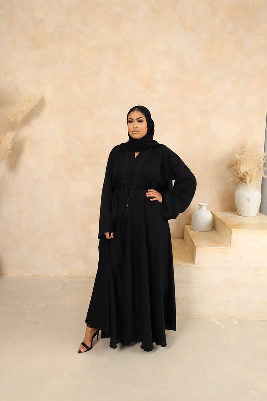Black lace nida drawstring flare abaya