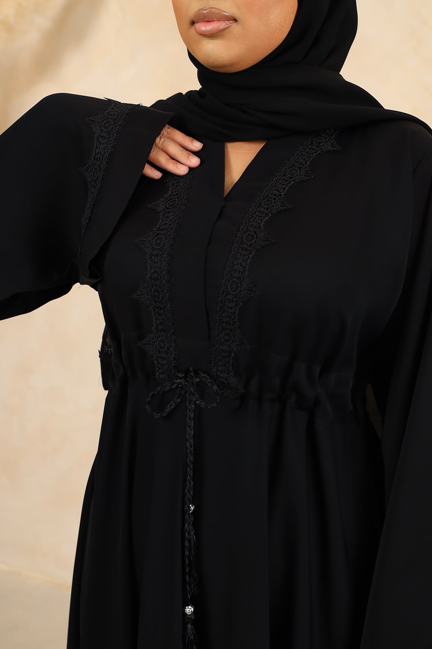 Black lace nida drawstring flare abaya