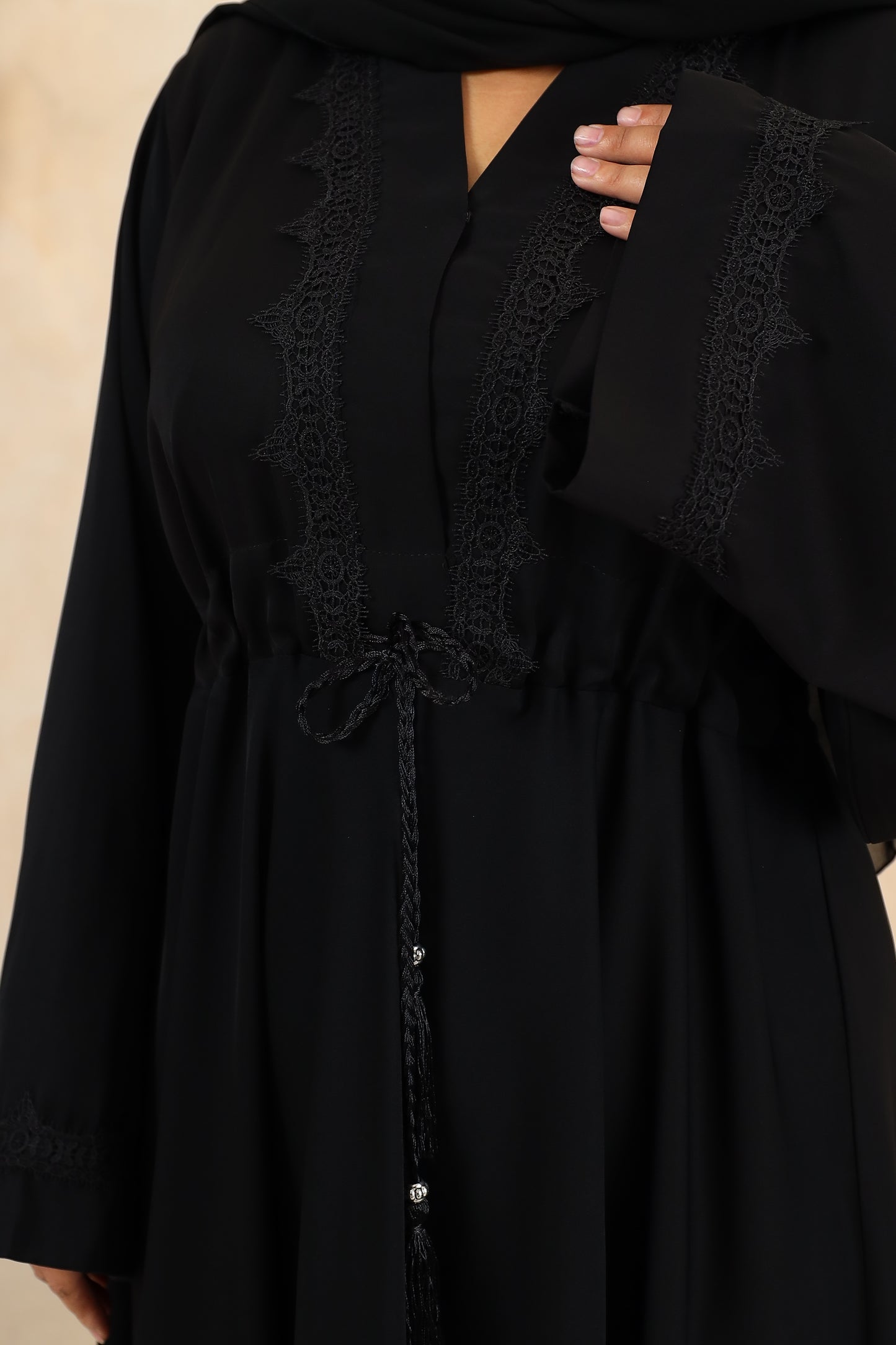 Black lace nida drawstring flare abaya