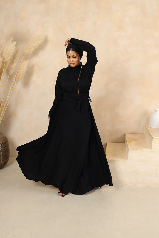 Habiba zip flare abaya Black in Fine Crinkle