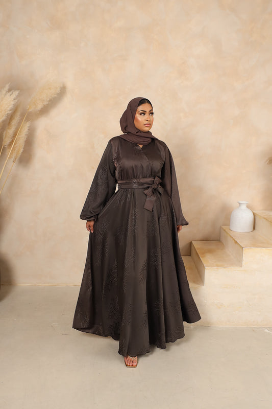 Jacquard Amal wrap flare abaya Taupe brown