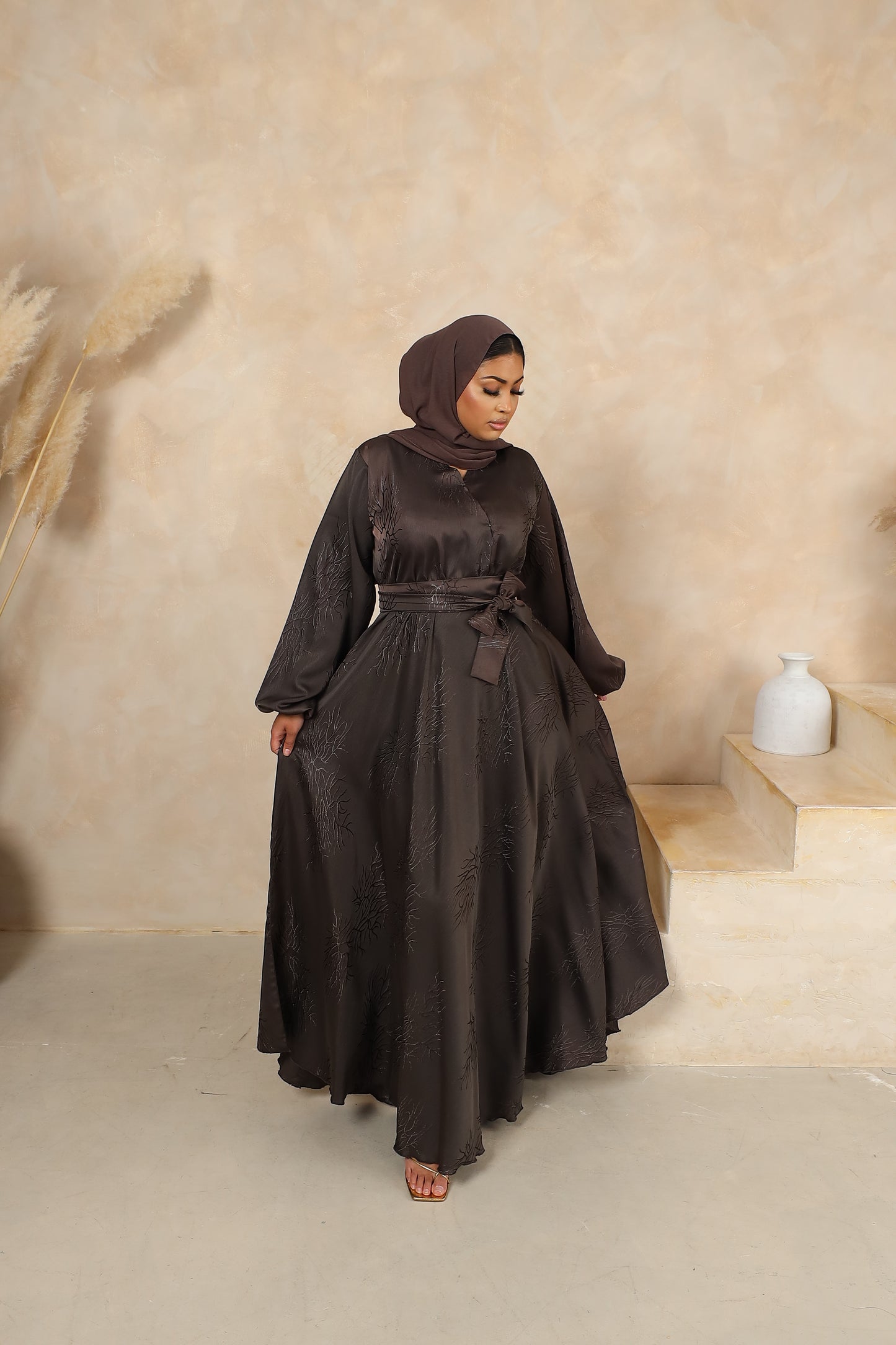Jacquard Amal wrap flare abaya Taupe brown