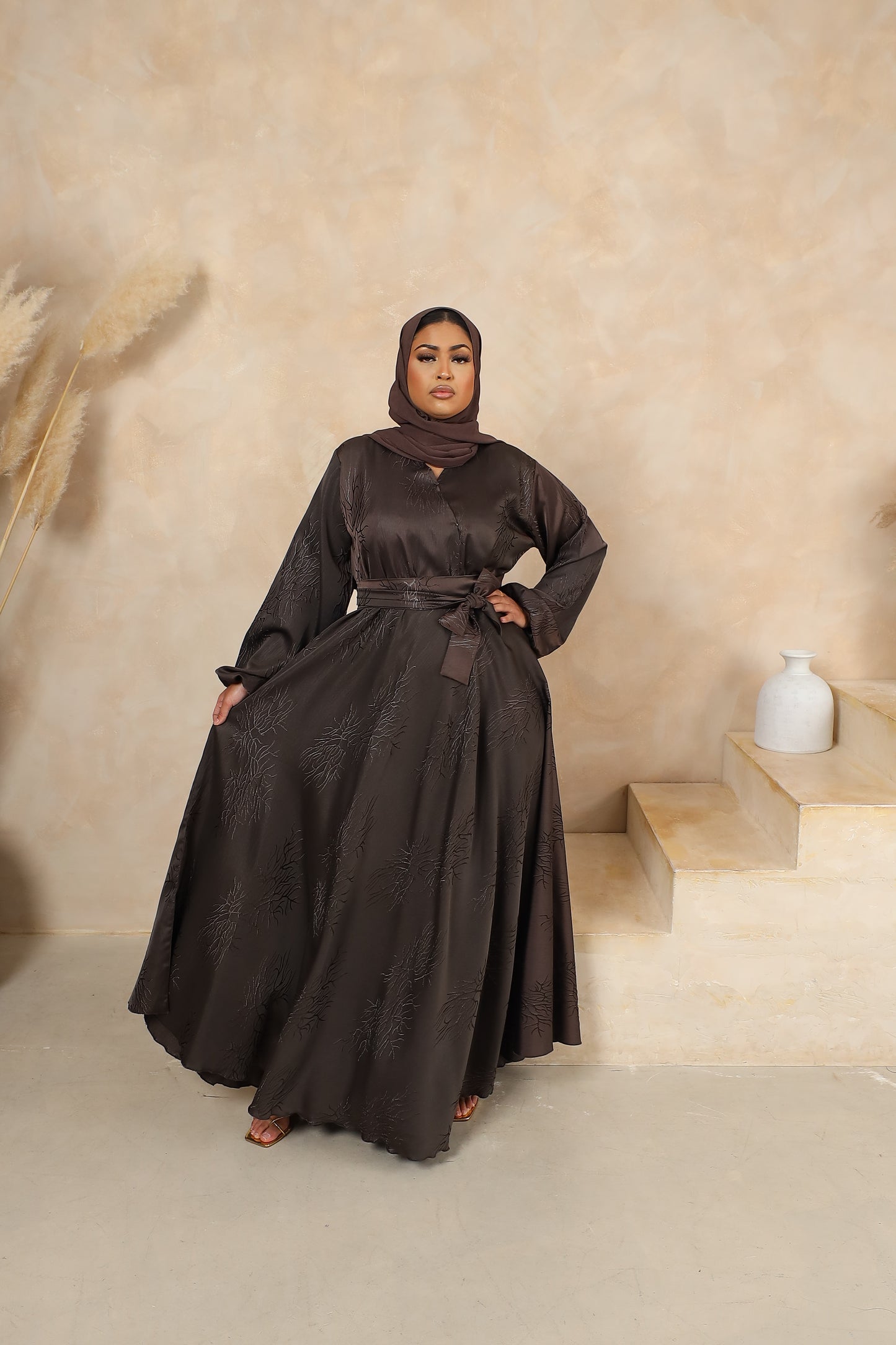 Jacquard Amal wrap flare abaya Taupe brown