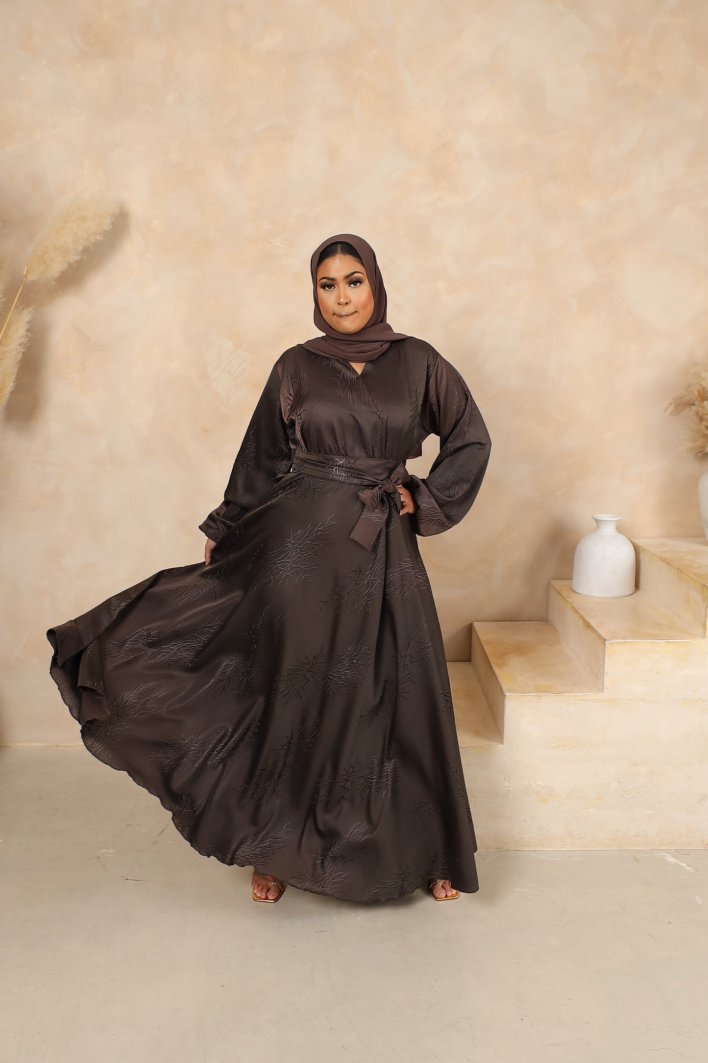 Jacquard Amal wrap flare abaya Taupe brown