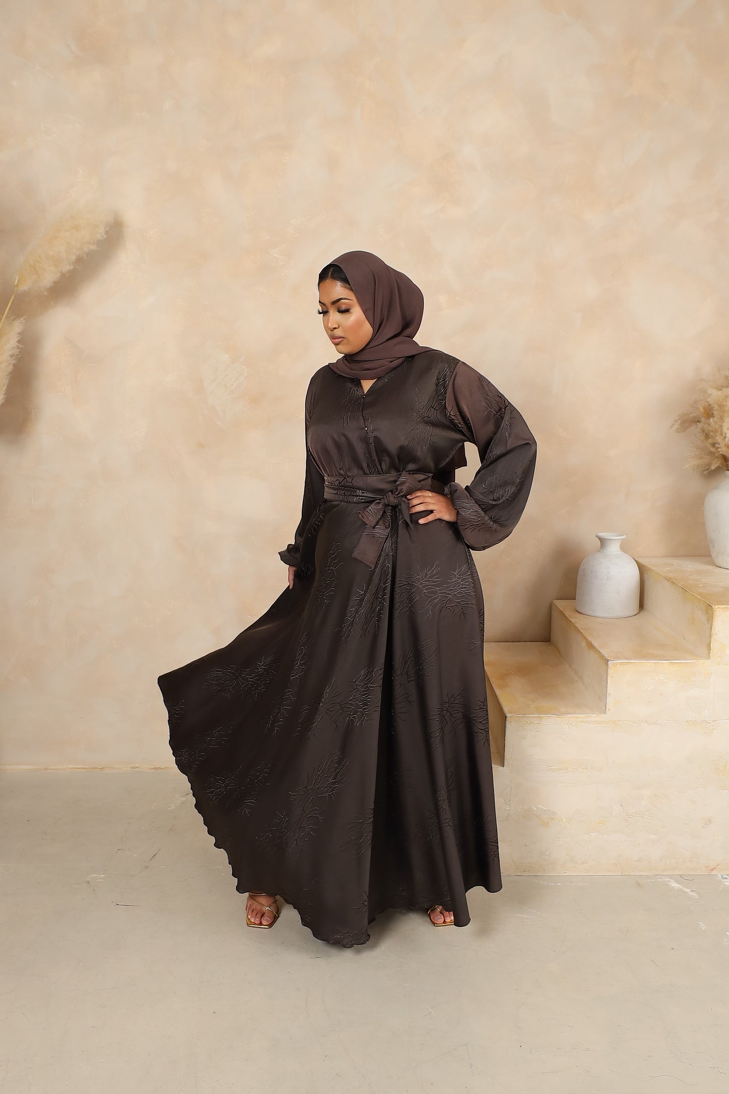 Jacquard Amal wrap flare abaya Taupe brown