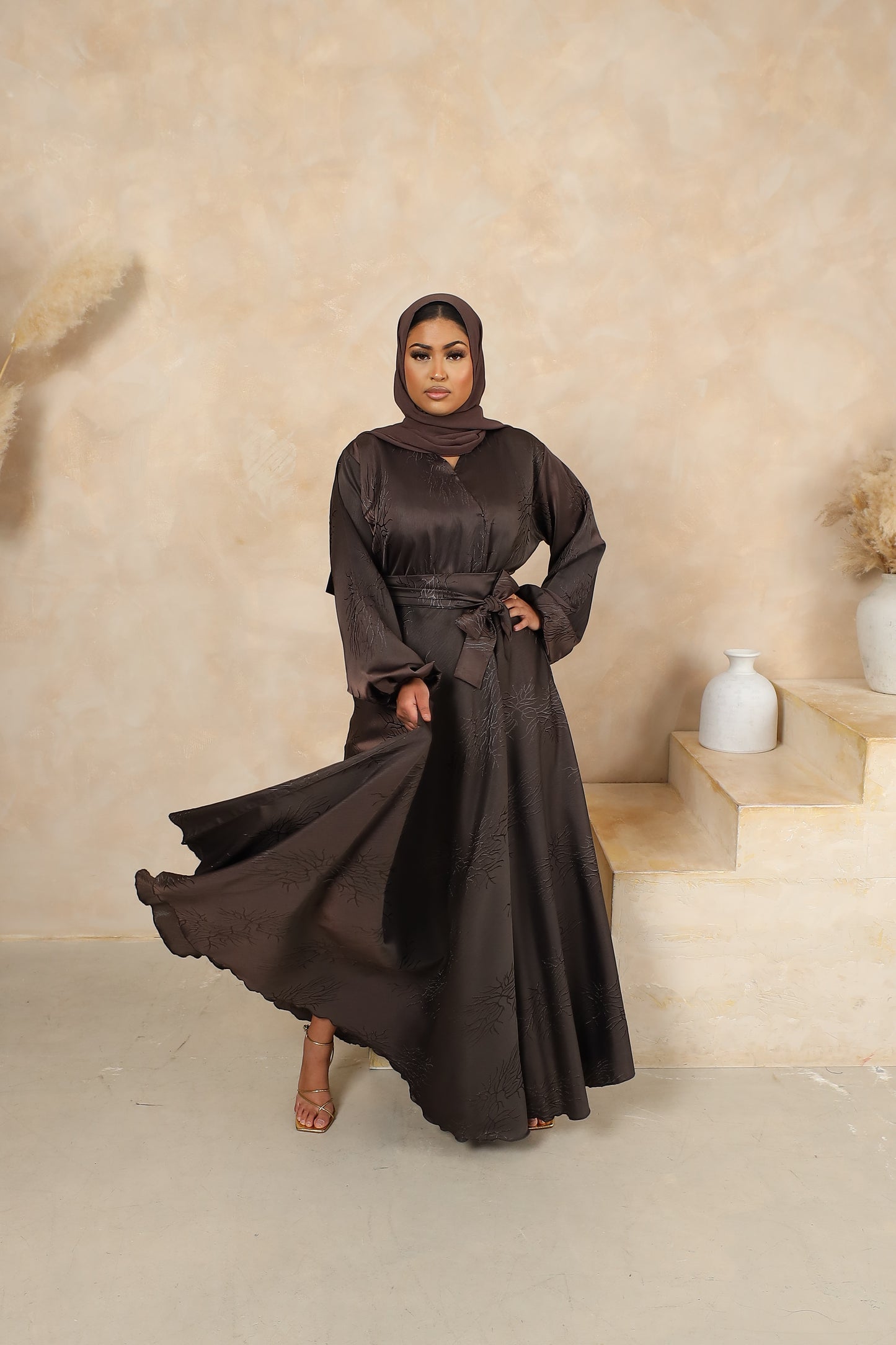 Jacquard Amal wrap flare abaya Taupe brown