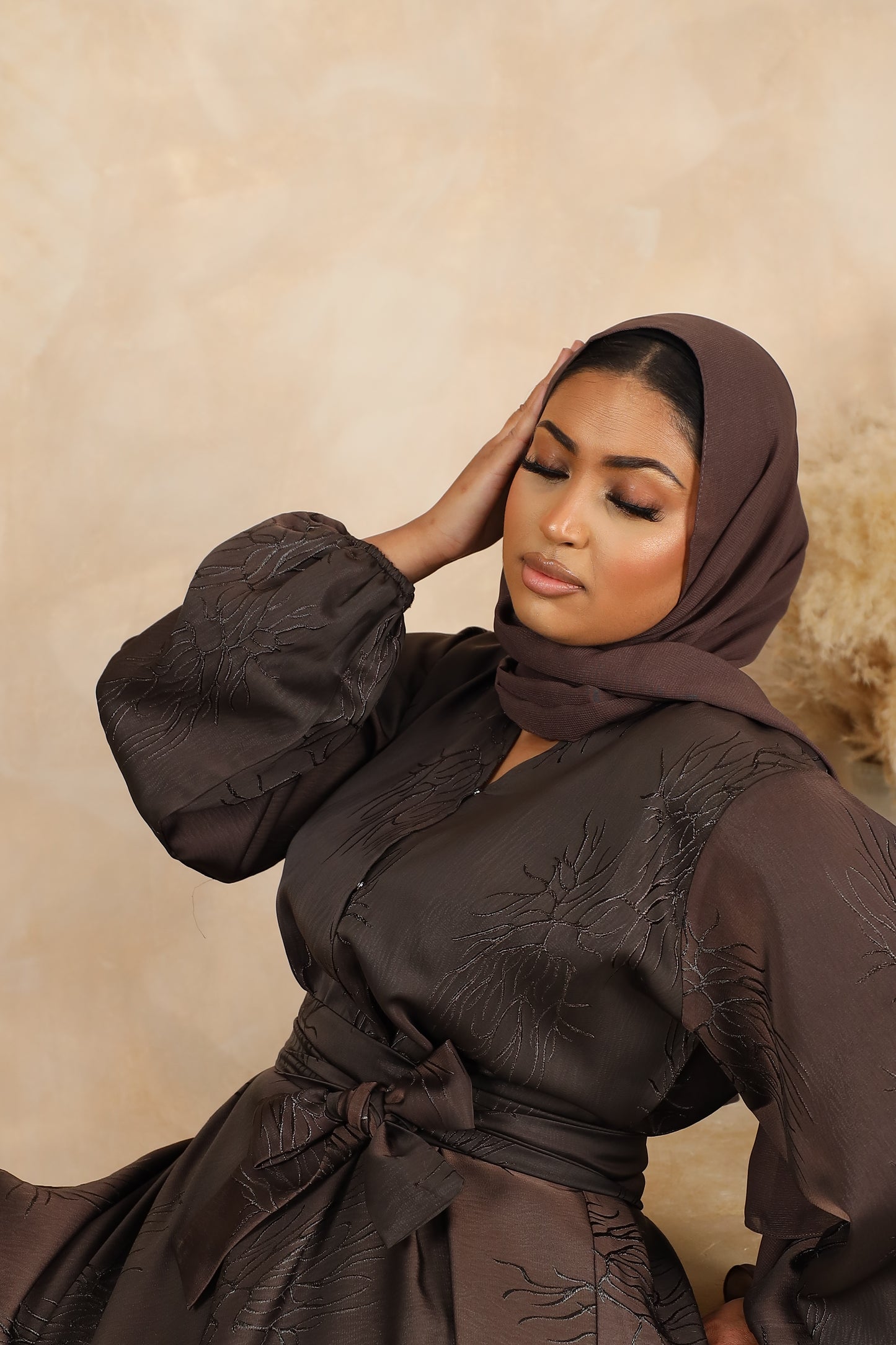Jacquard Amal wrap flare abaya Taupe brown