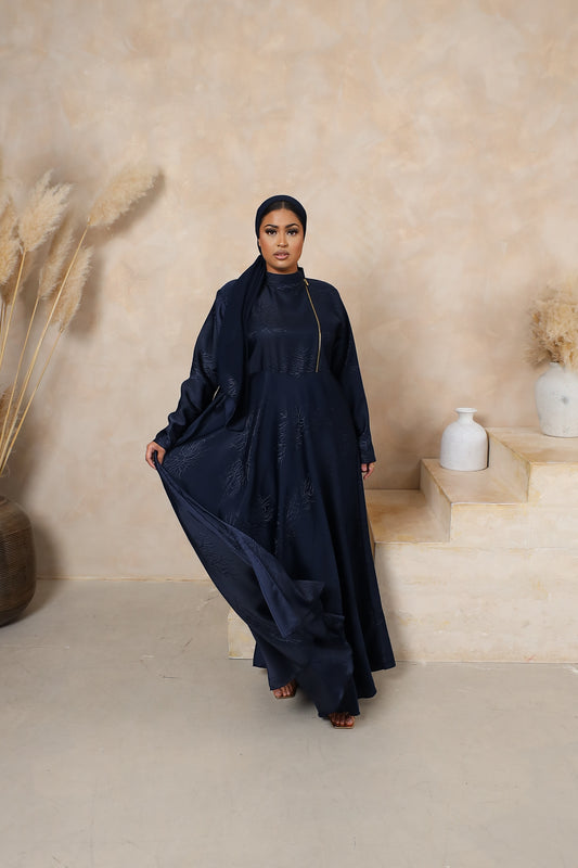 Jacquard Habiba zip flare abaya Navy