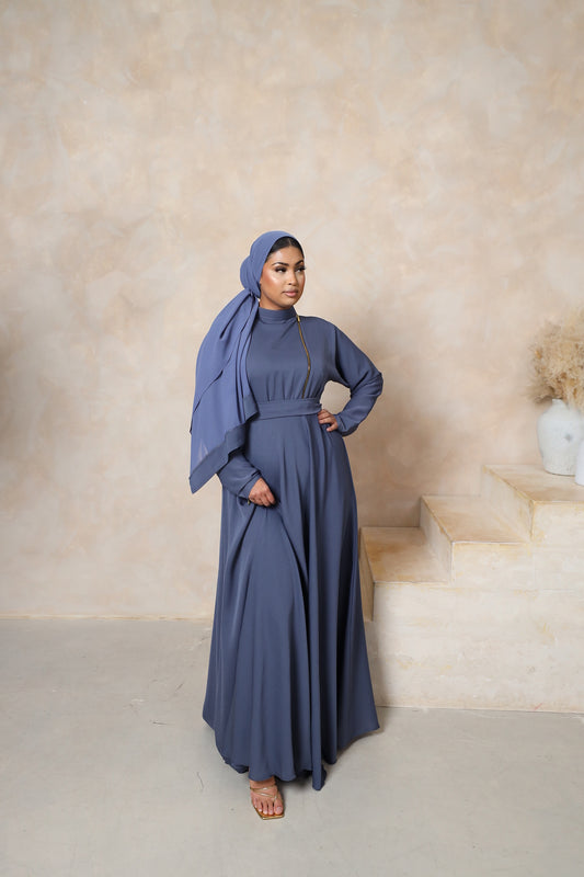 Habiba zip flare abaya Blue Grey in Fine Crinkle