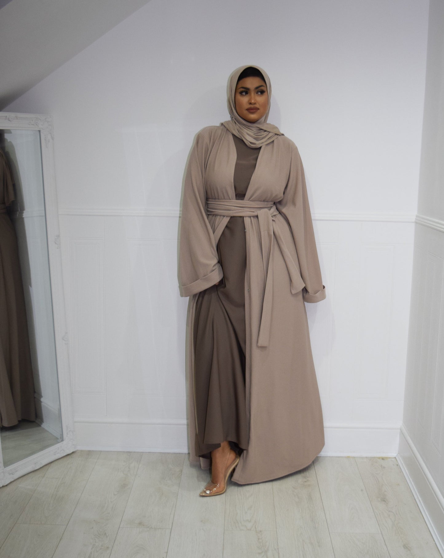 Hannah textured ribbed Open A-line kimono Abaya Jacket with pockets in Fawn