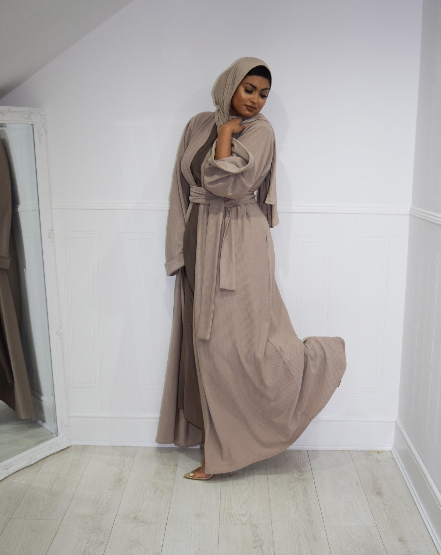 Hannah textured ribbed Open A-line kimono Abaya Jacket with pockets in Fawn